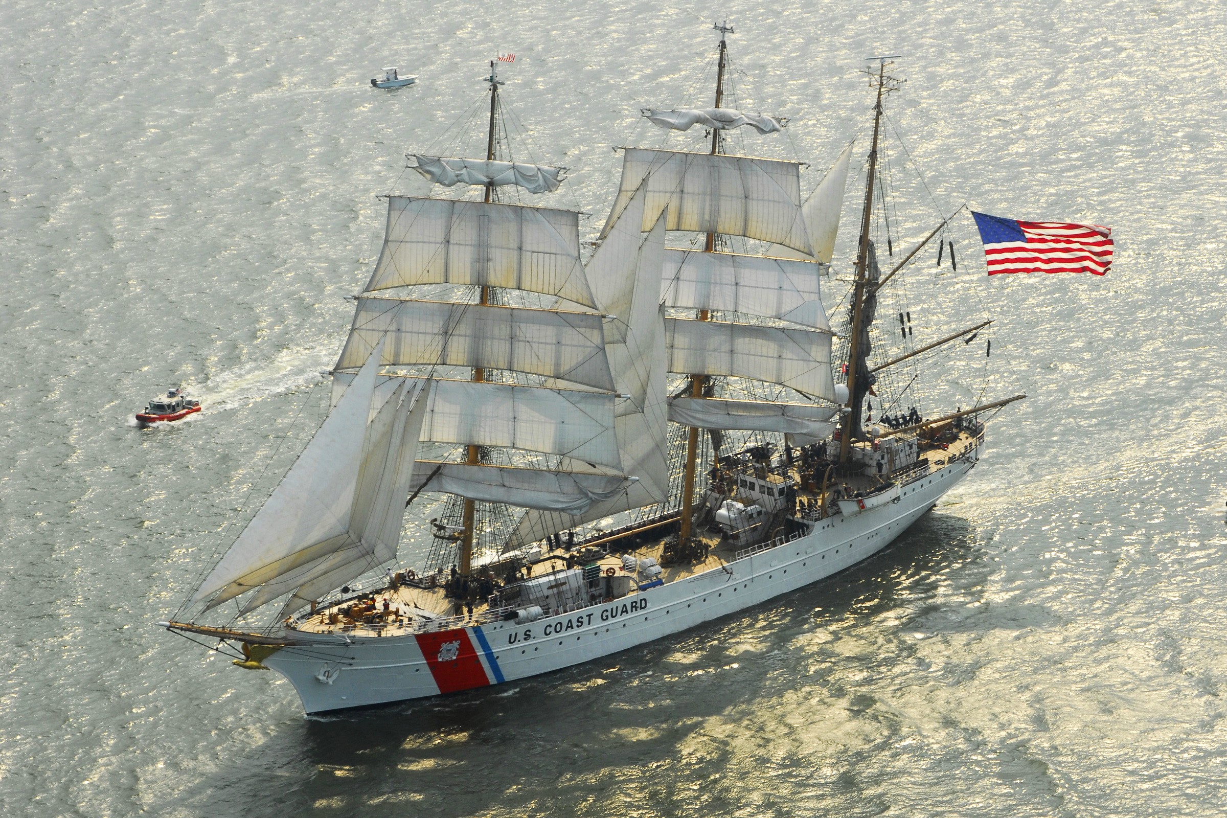 U.S. Coast Guard Tall Ship with American Flag HD Wallpaper