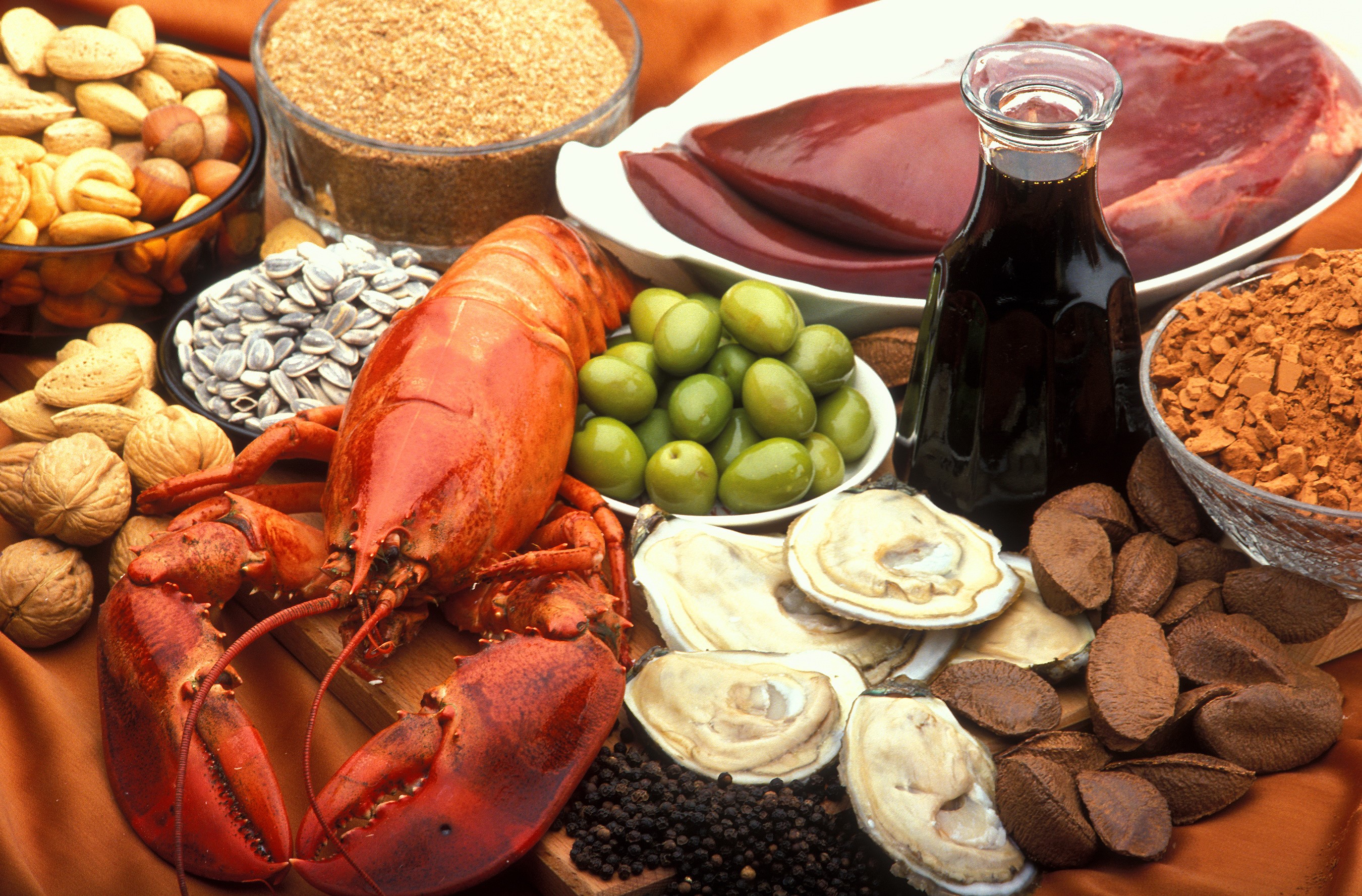 Still life of seafood, nuts, and spices HD Wallpaper