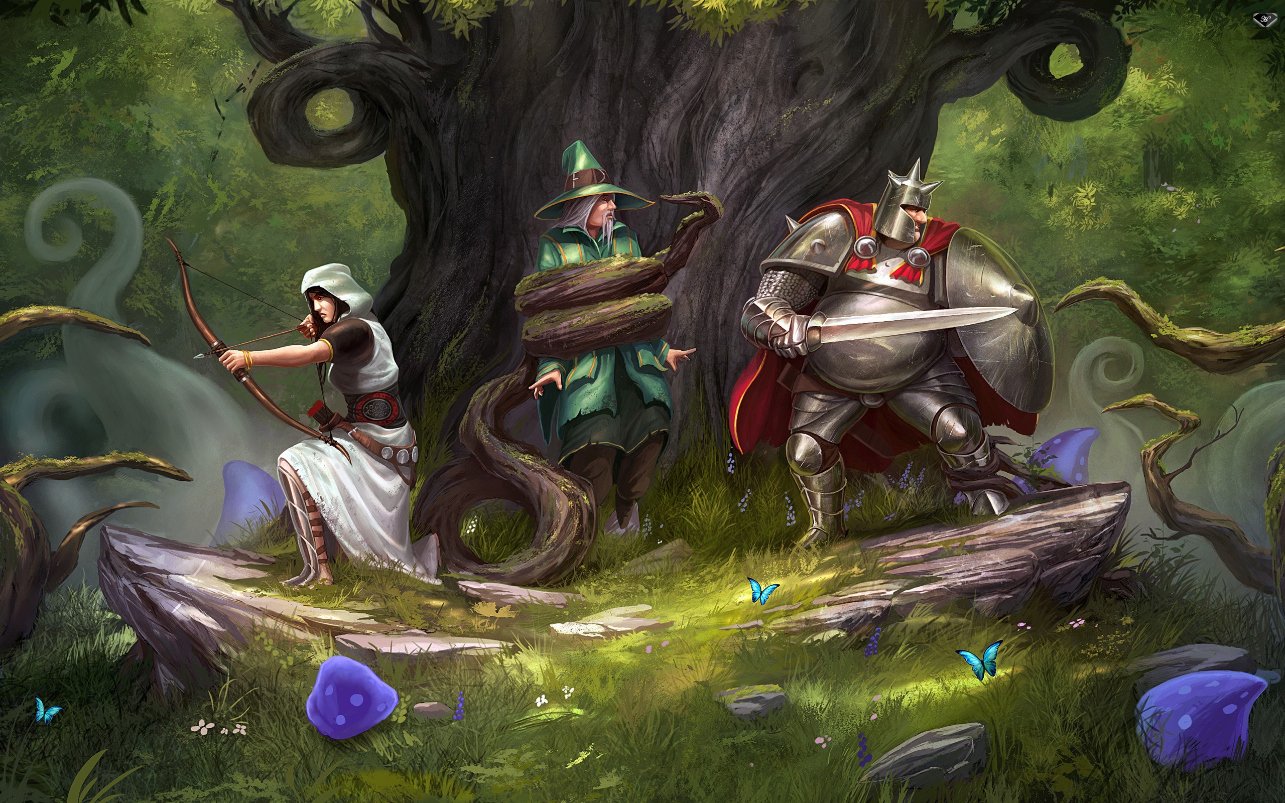 Characters from Trine in a forest setting HD Wallpaper