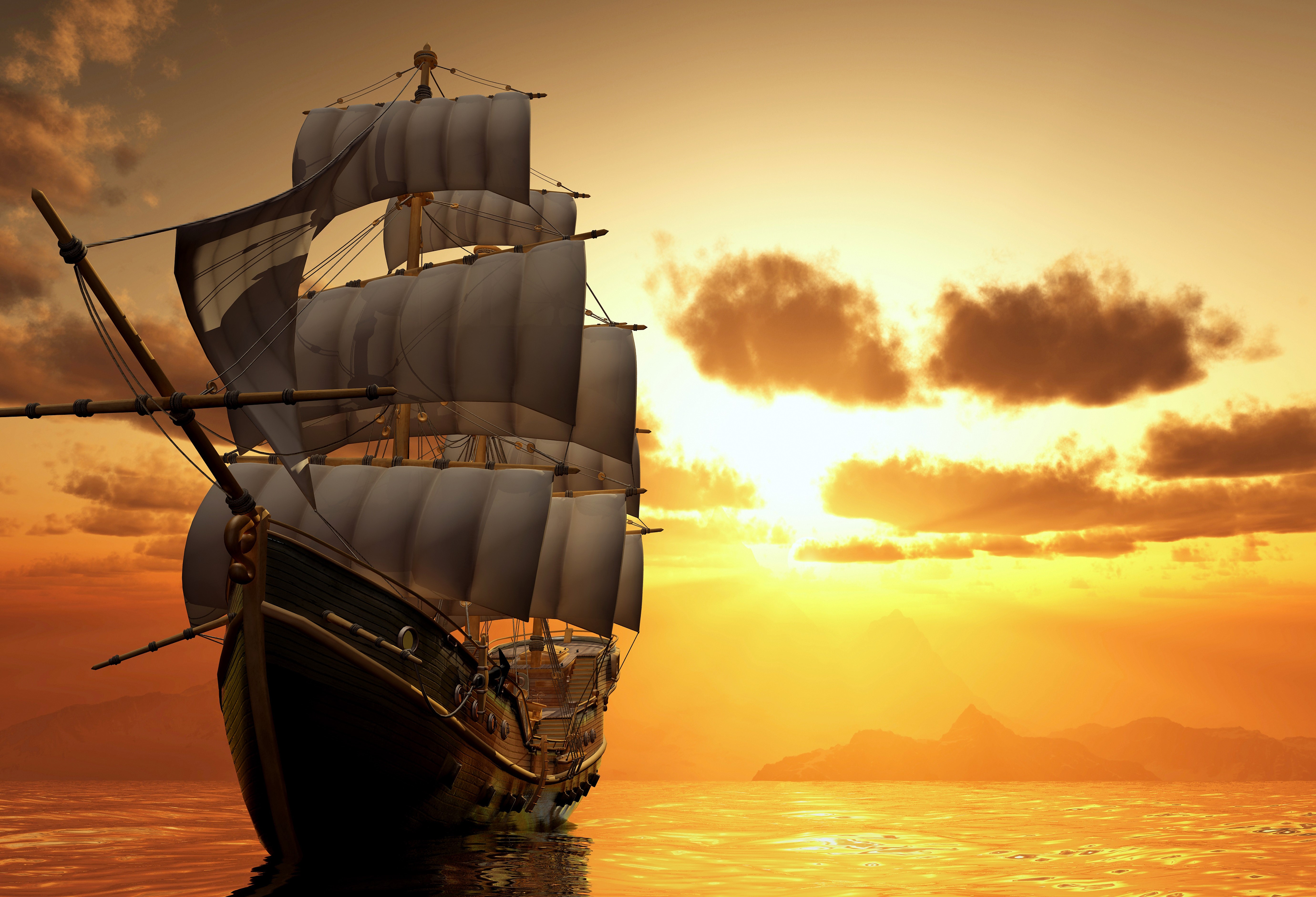 Sailing Ship on the Sea at Sunset HD Wallpaper