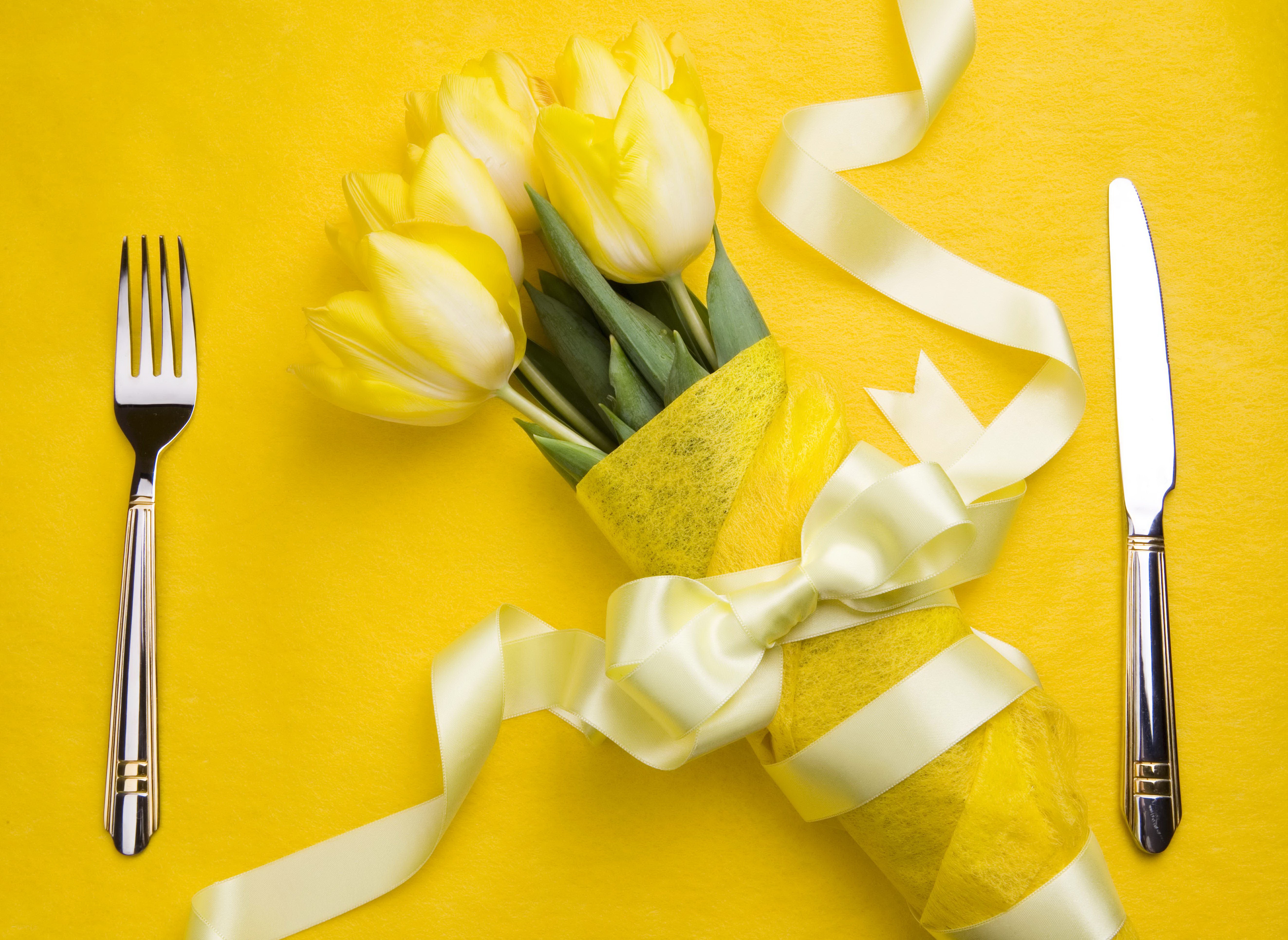 Yellow Tulips with Ribbon, Fork, and Knife HD Wallpaper