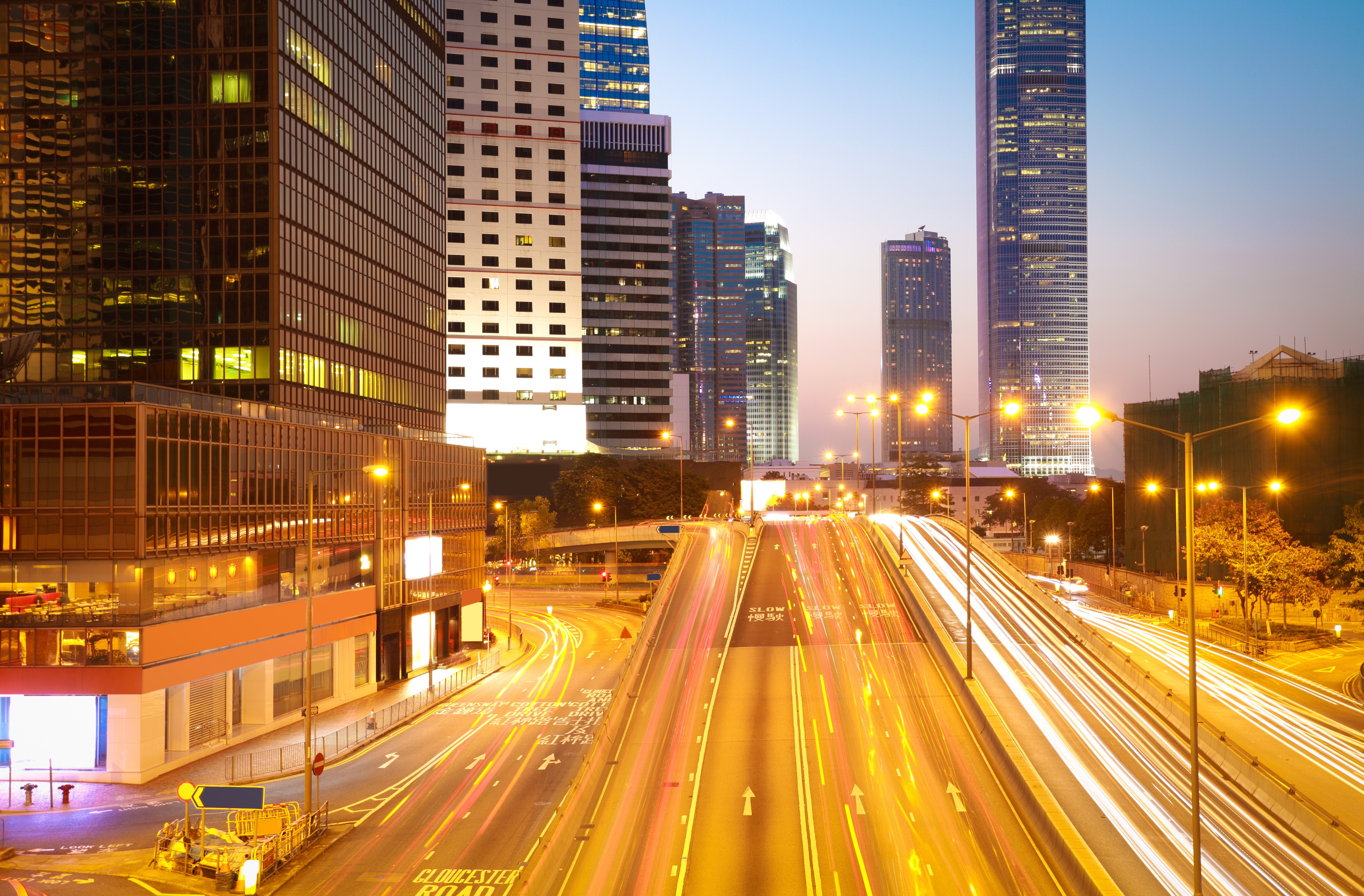 Hong Kong Skyscrapers and City Road at Night HD Wallpaper