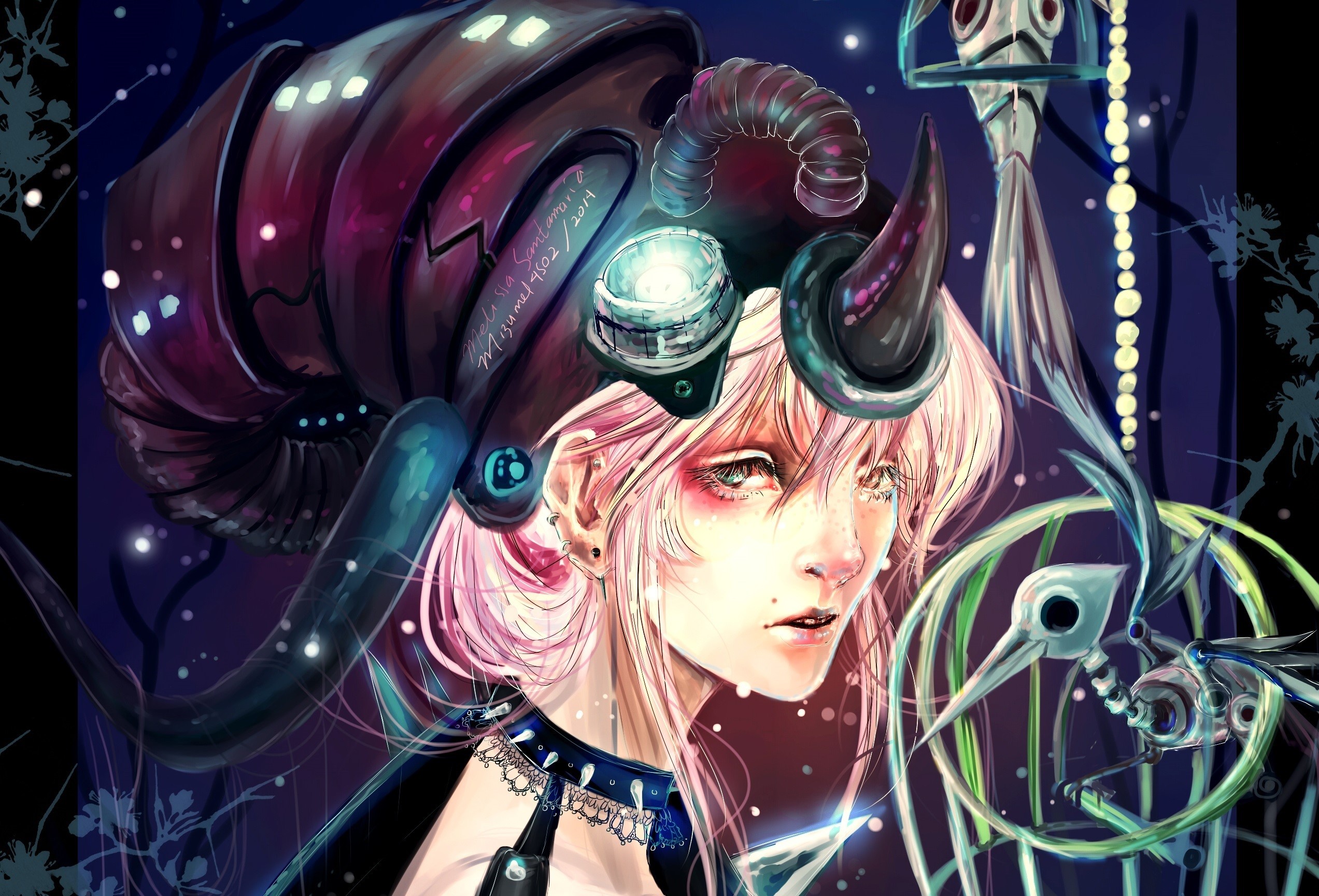 Steampunk girl with elaborate headgear and mechanical bird HD Wallpaper