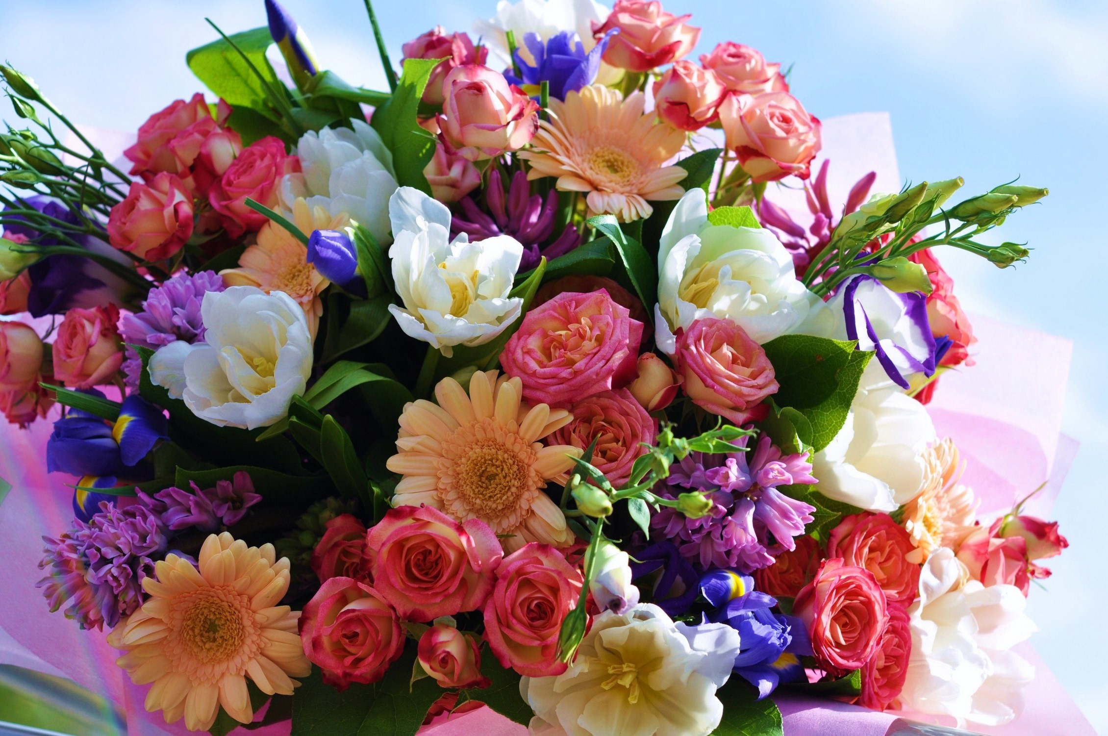 A colorful bouquet of roses, gerberas, tulips, and irises HD Wallpaper