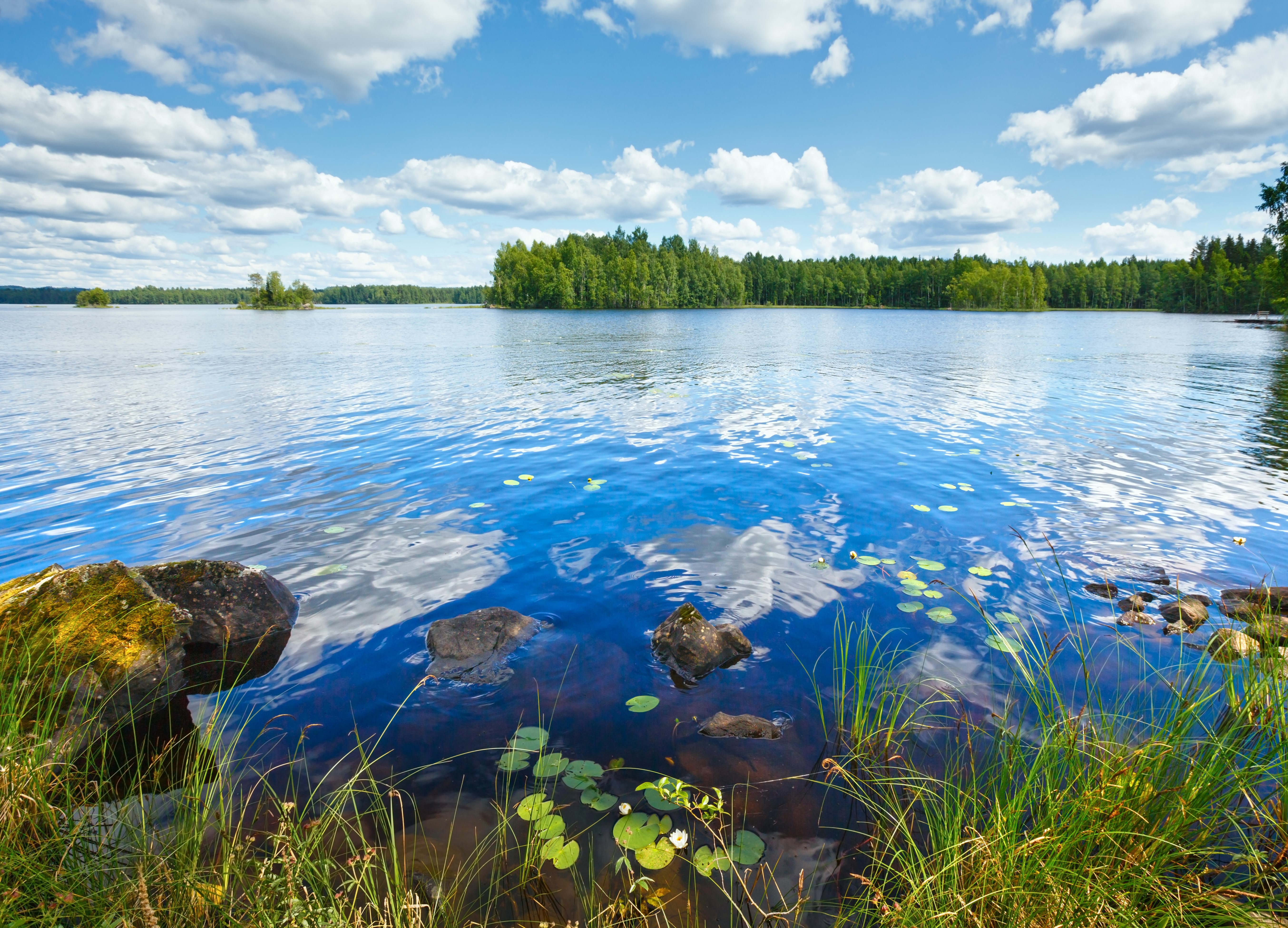 Lake with Islands and Forest under Blue Sky HD Wallpaper