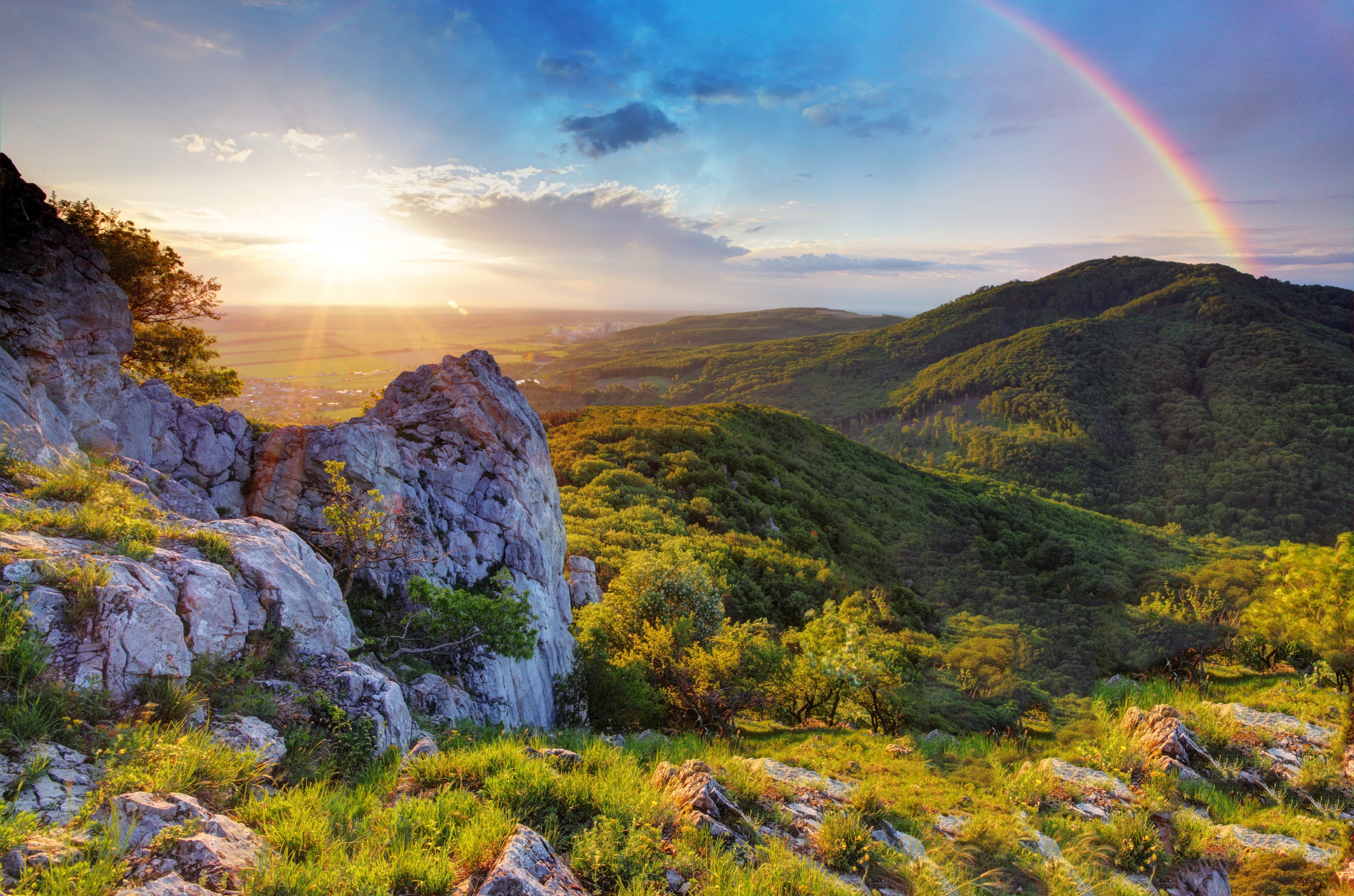 Mountains with Rainbow at Sunset HD Wallpaper