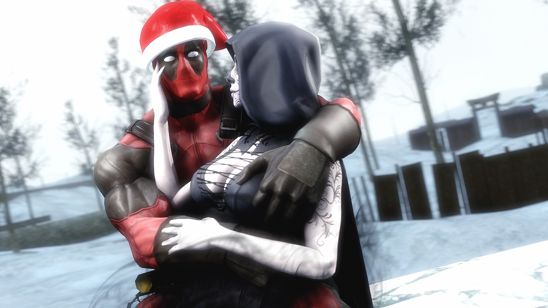 Deadpool and a hooded figure in a snowy landscape HD Wallpaper