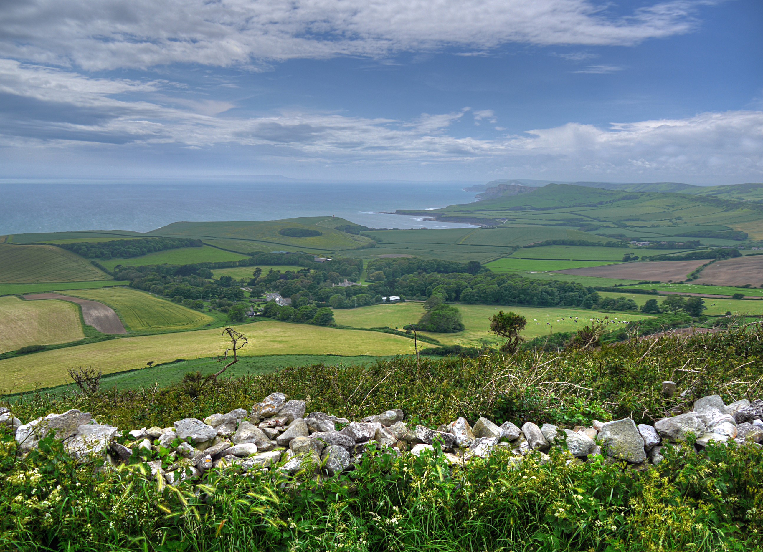 Rolling green fields and coastline in England HD Wallpaper