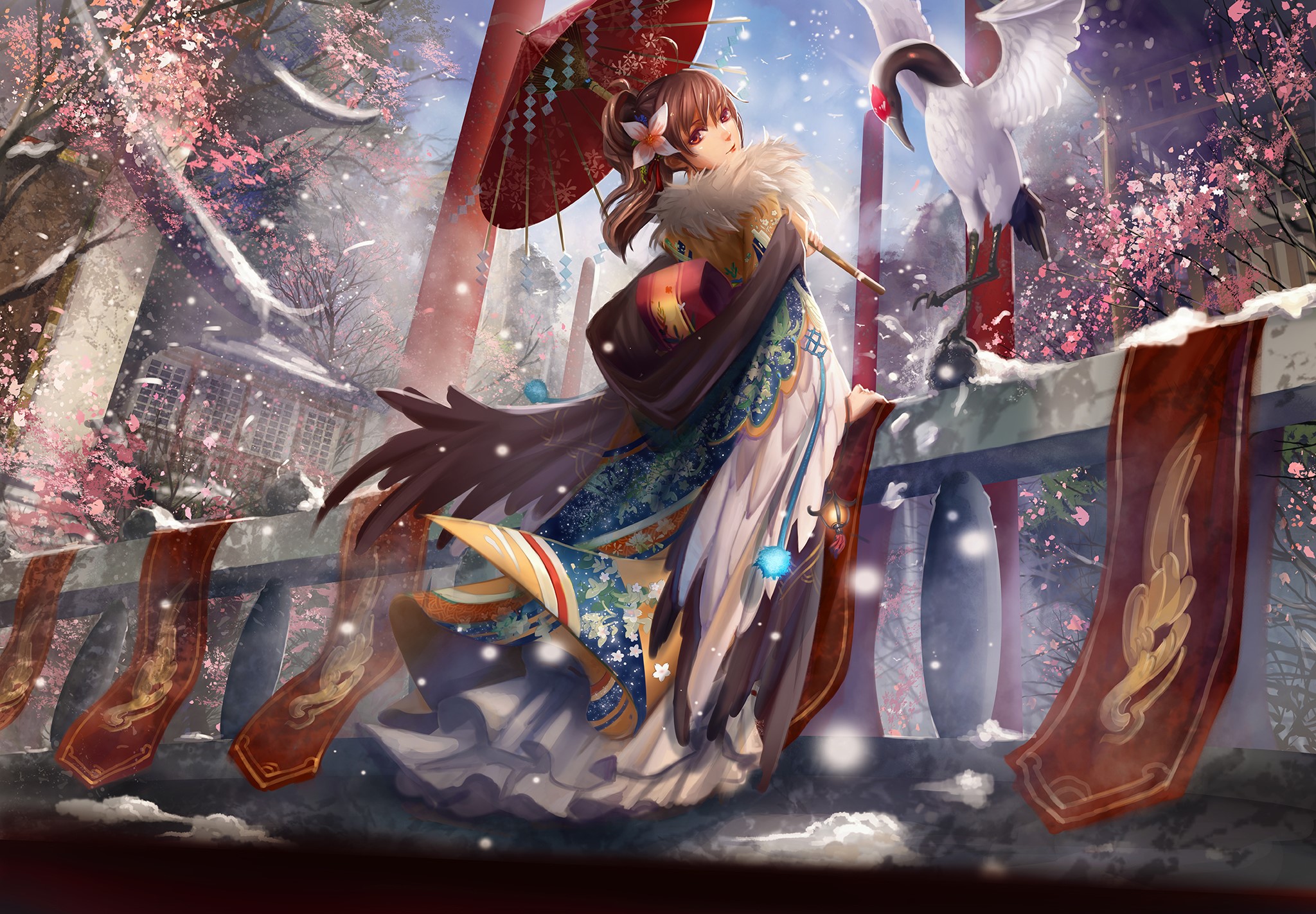 Girl in Kimono with Umbrella and Crane HD Wallpaper