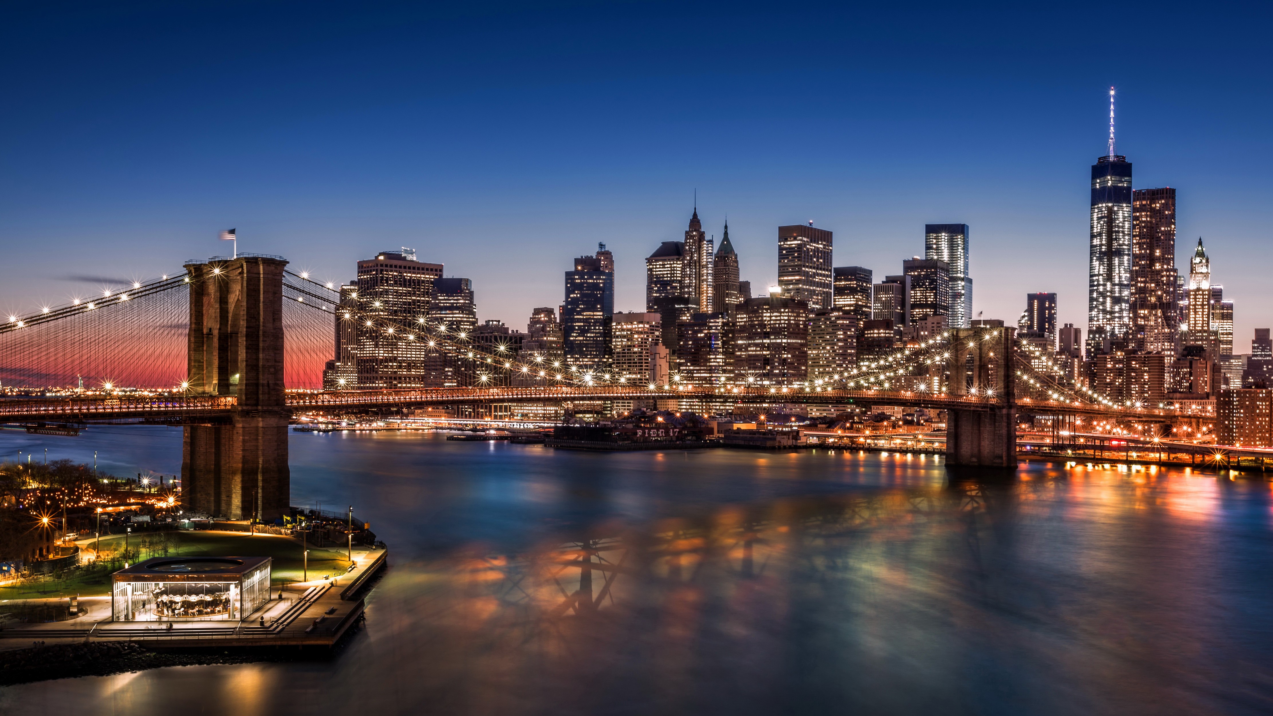 4K New York City Skyline and Brooklyn Bridge at Night HD Wallpaper