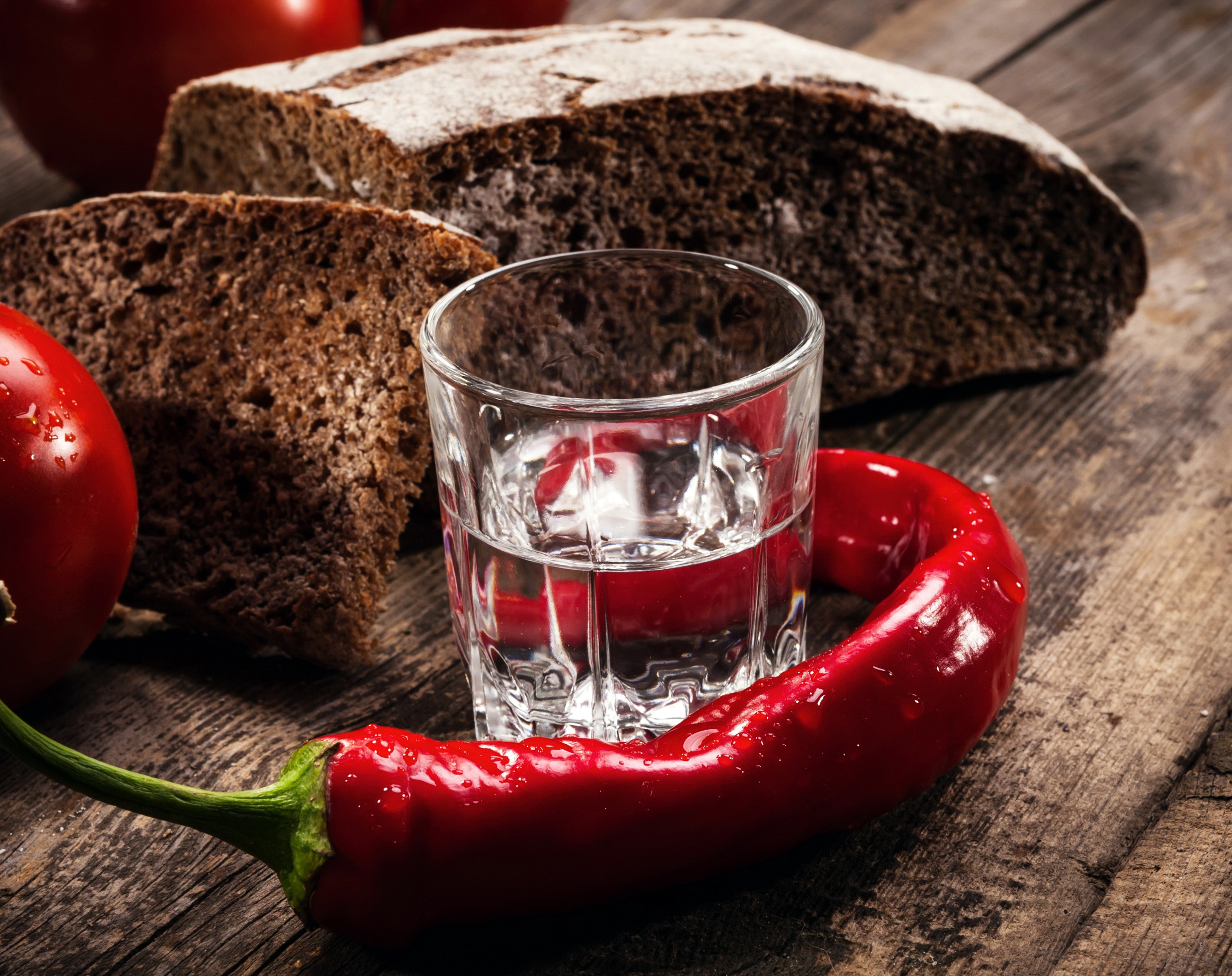 Still life with bread, chili pepper, and vodka HD Wallpaper