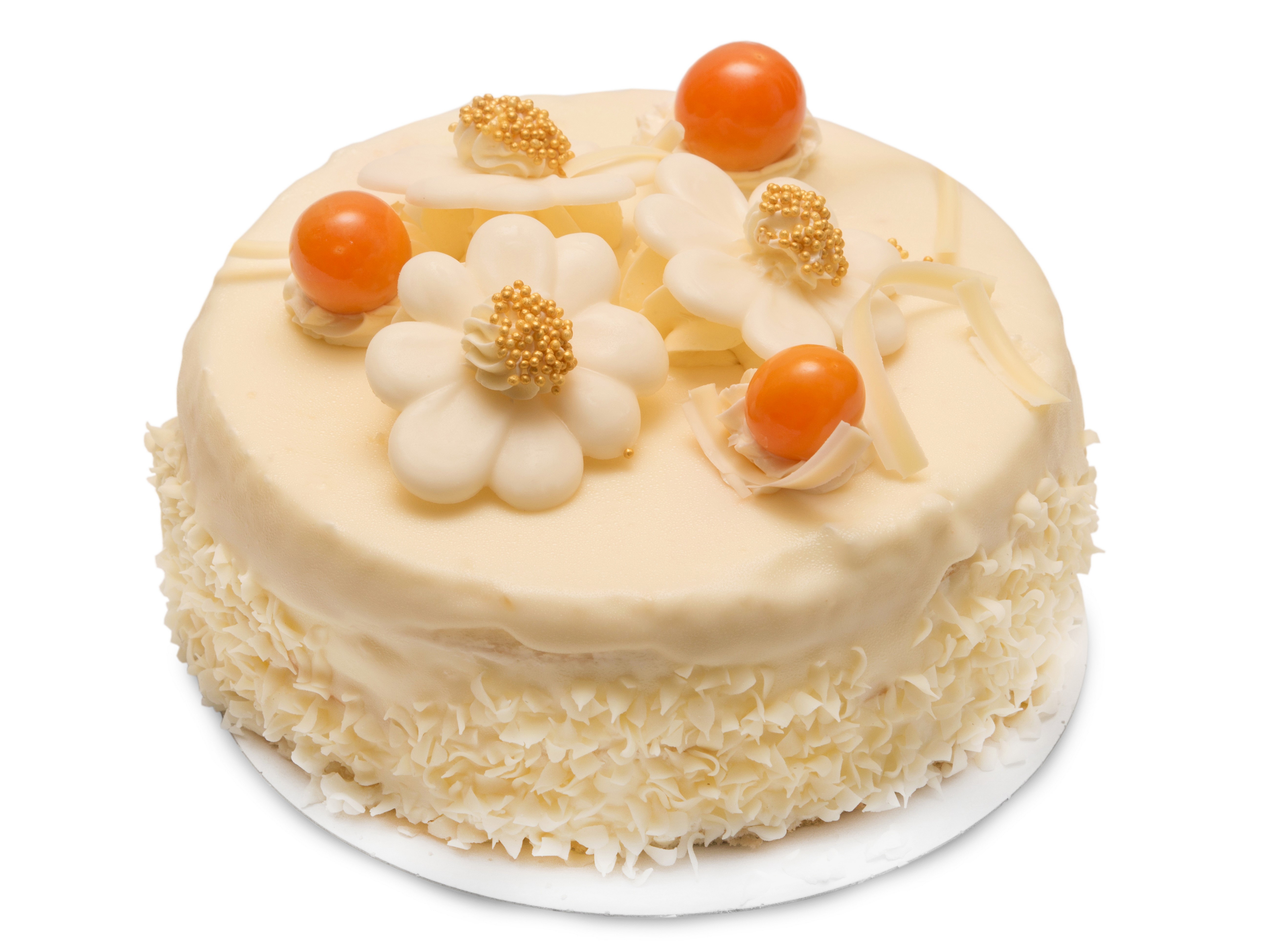 White cake with white chocolate flowers and orange berries HD Wallpaper