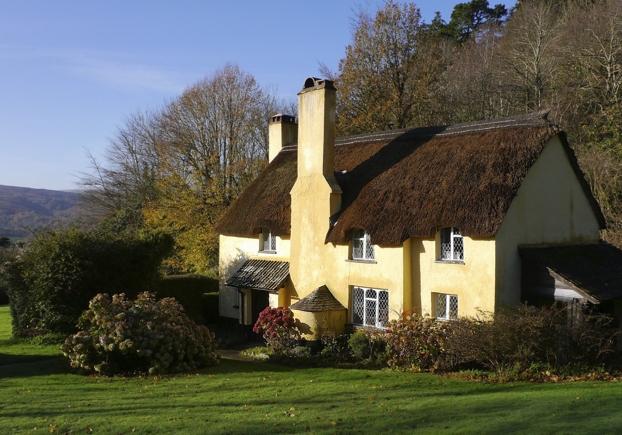 Thatched cottage in Selworthy, England with garden HD Wallpaper