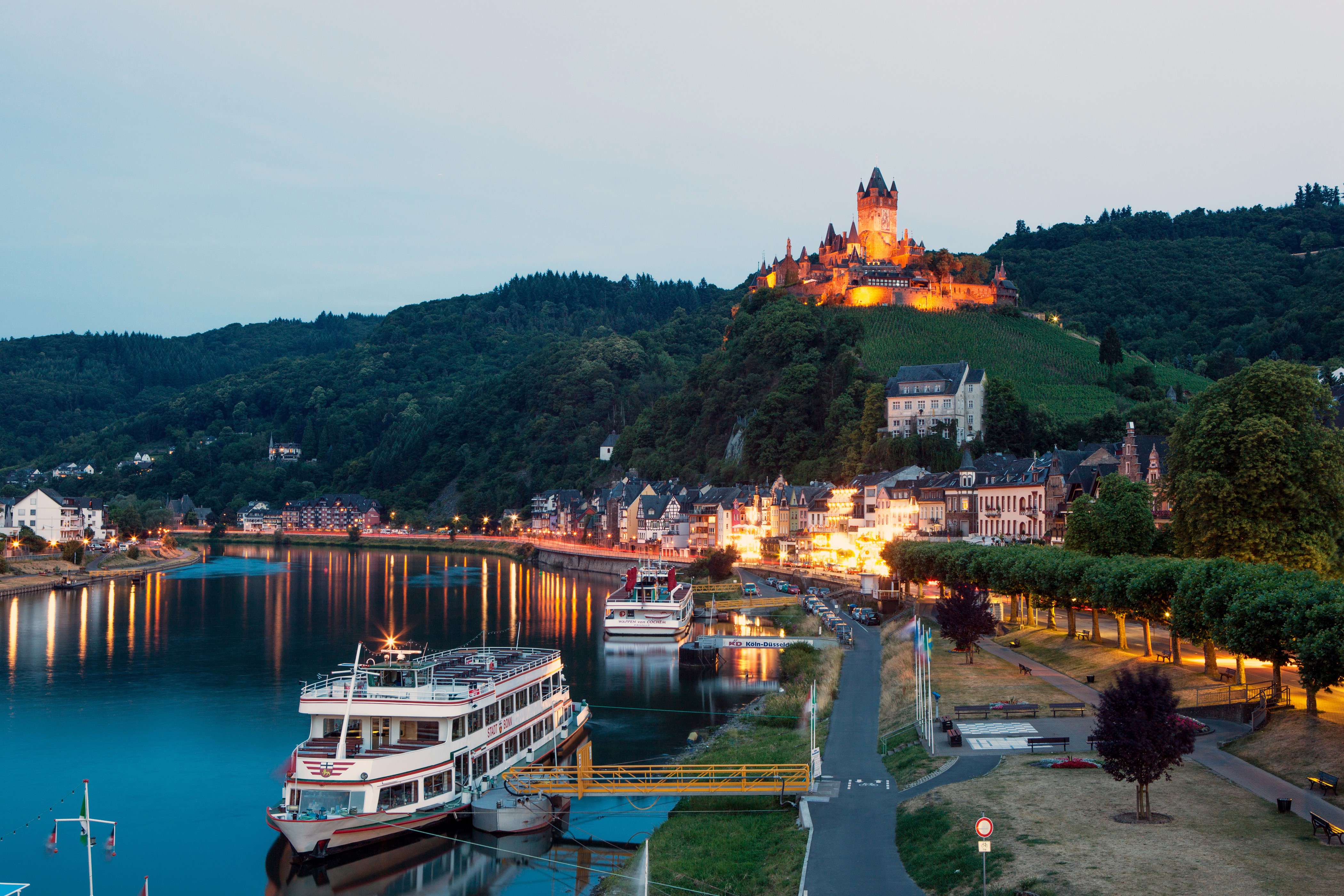 Cochem Castle and Riverfront at Dusk HD Wallpaper