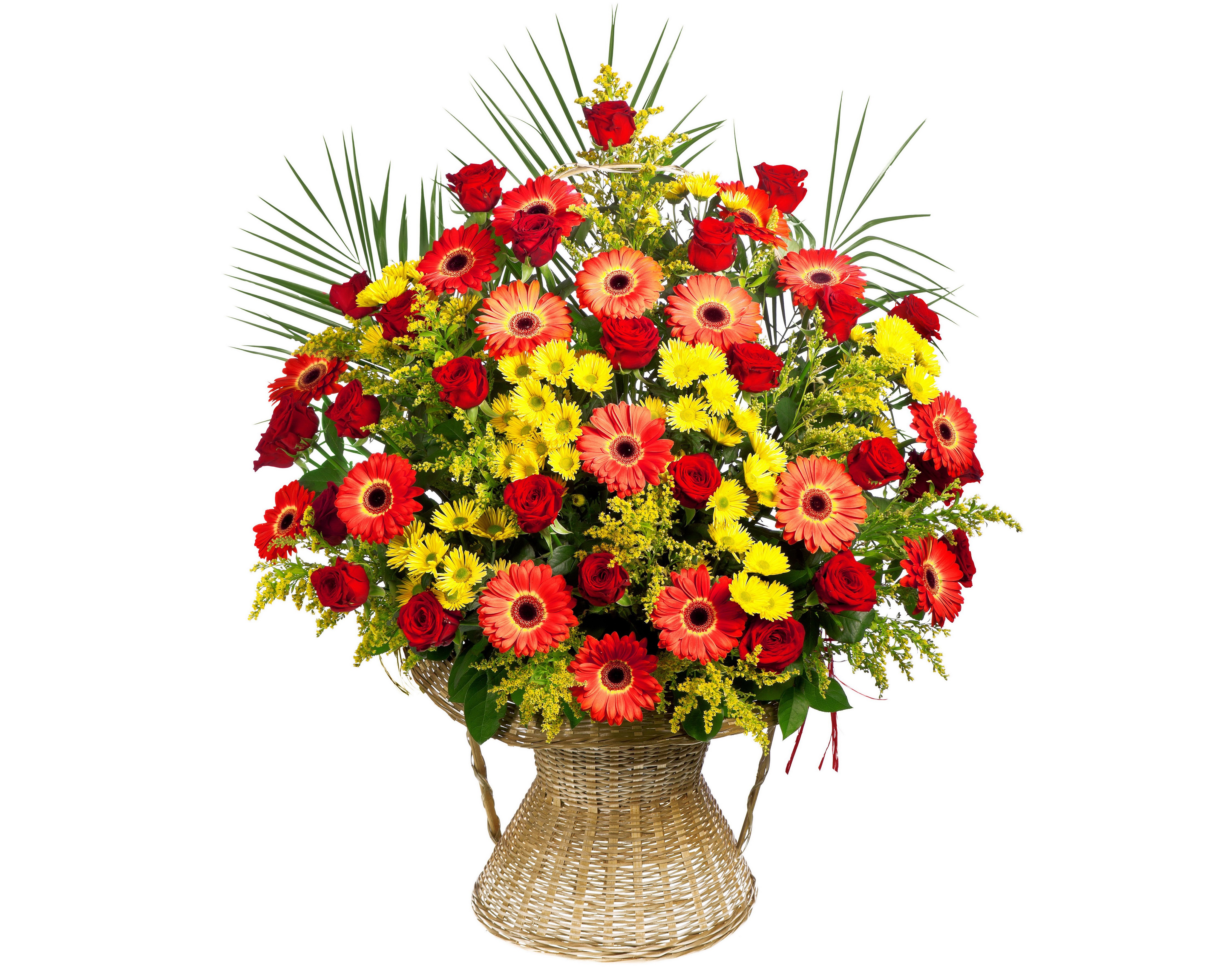 Bouquet of Red Roses, Yellow and Red Gerberas in a Wicker Vase HD Wallpaper