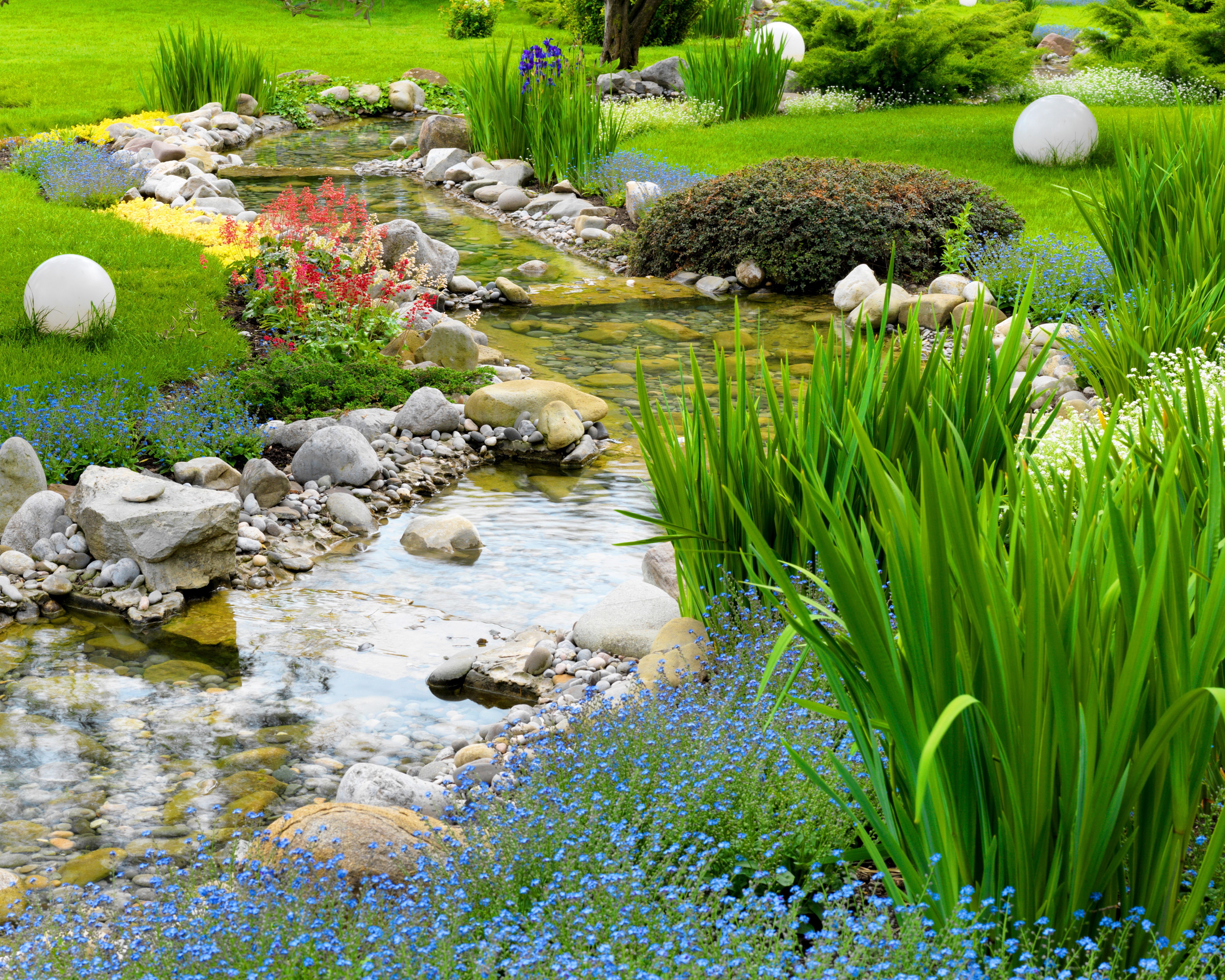 4K Park Stream with Stones and Grass HD Wallpaper