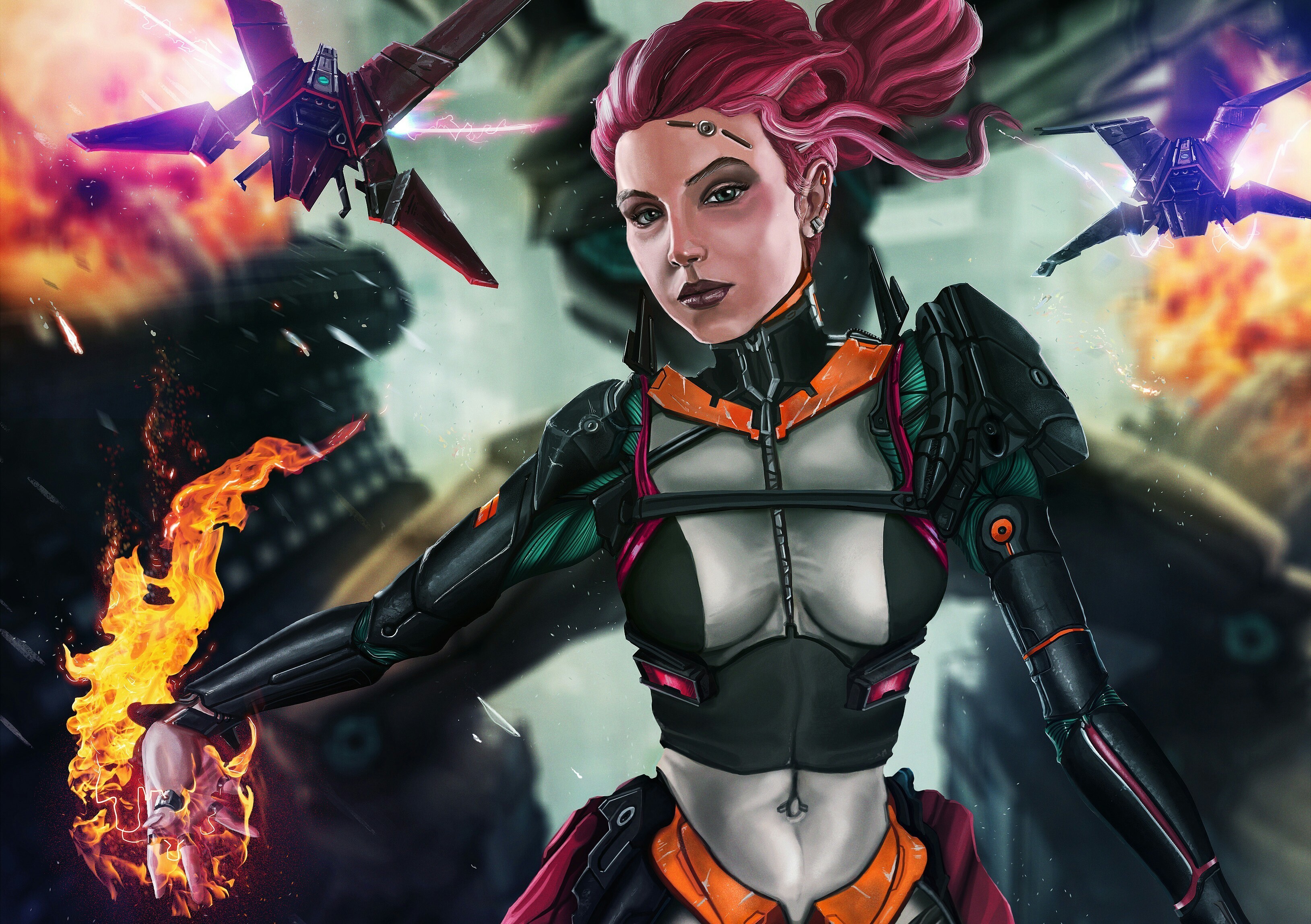 Woman with pink hair wielding fire and a skull, with robots and explosions HD Wallpaper