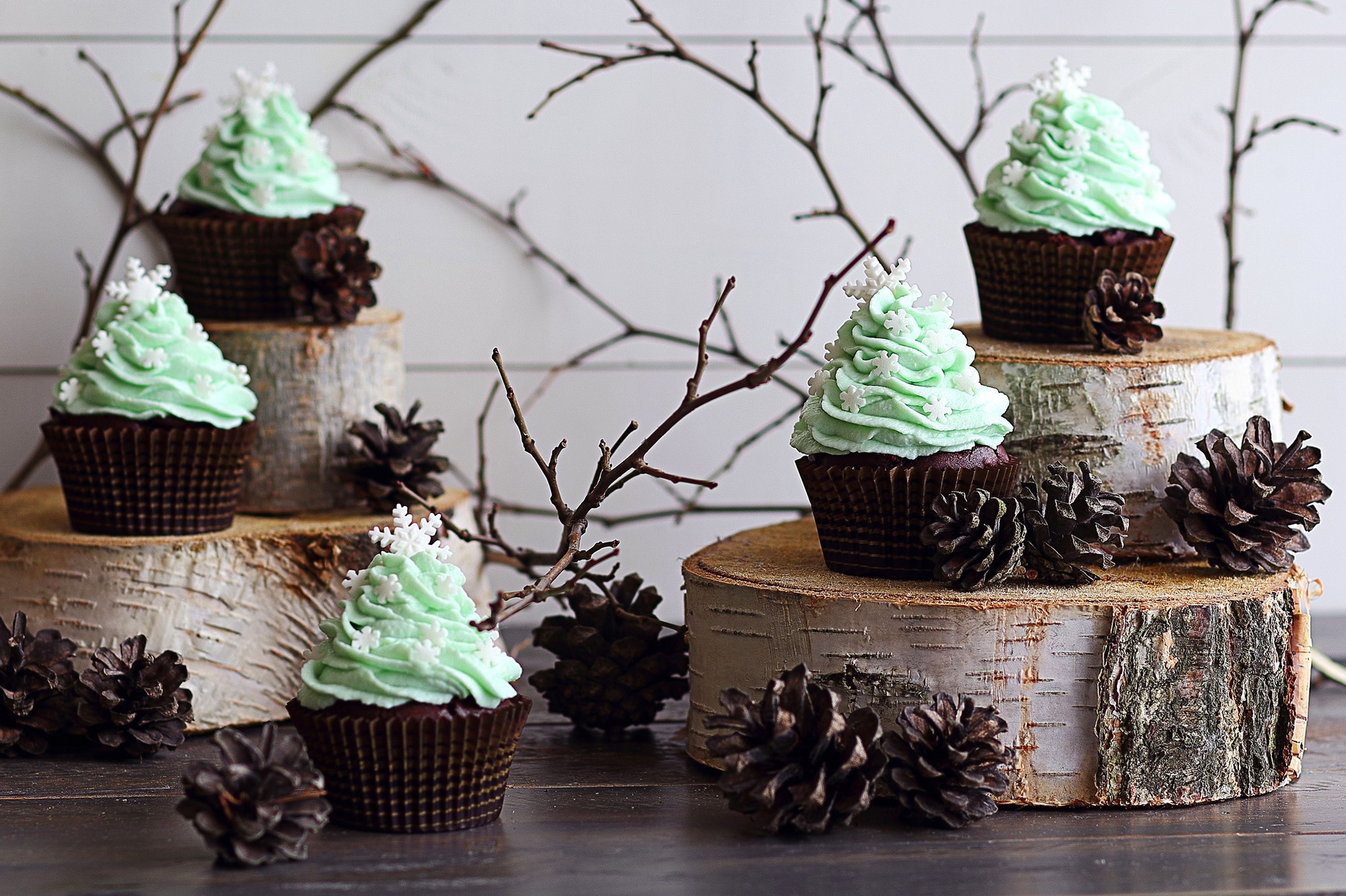 Christmas tree cupcakes with pine cones and branches HD Wallpaper