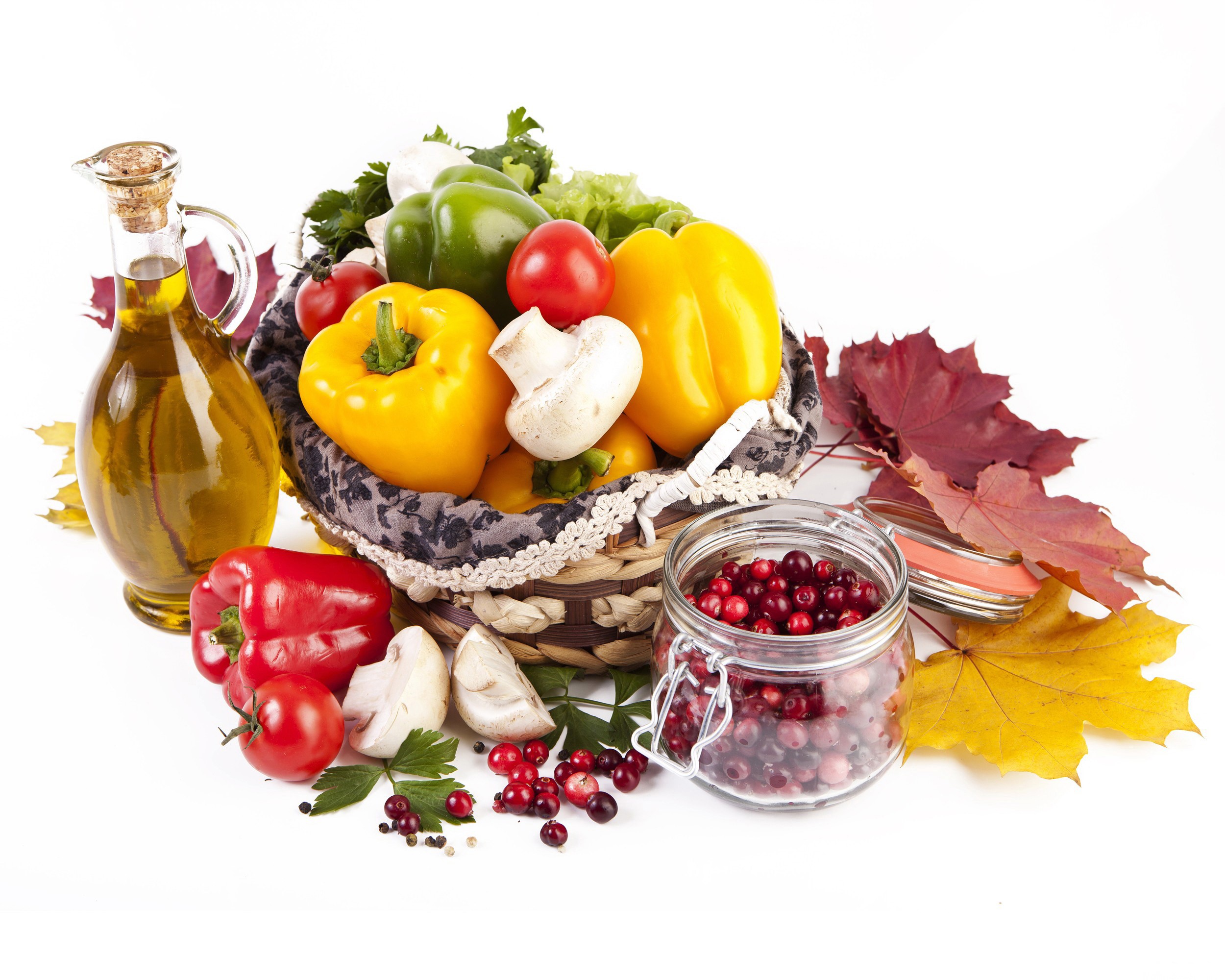 Still life of vegetables, fruits, and olive oil HD Wallpaper