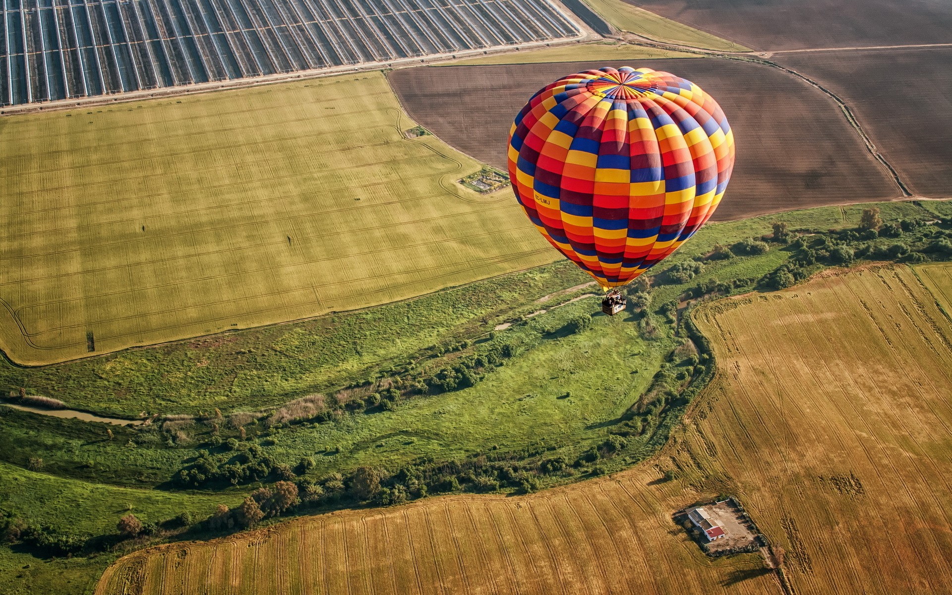 Hot air balloon over agricultural fields HD Wallpaper