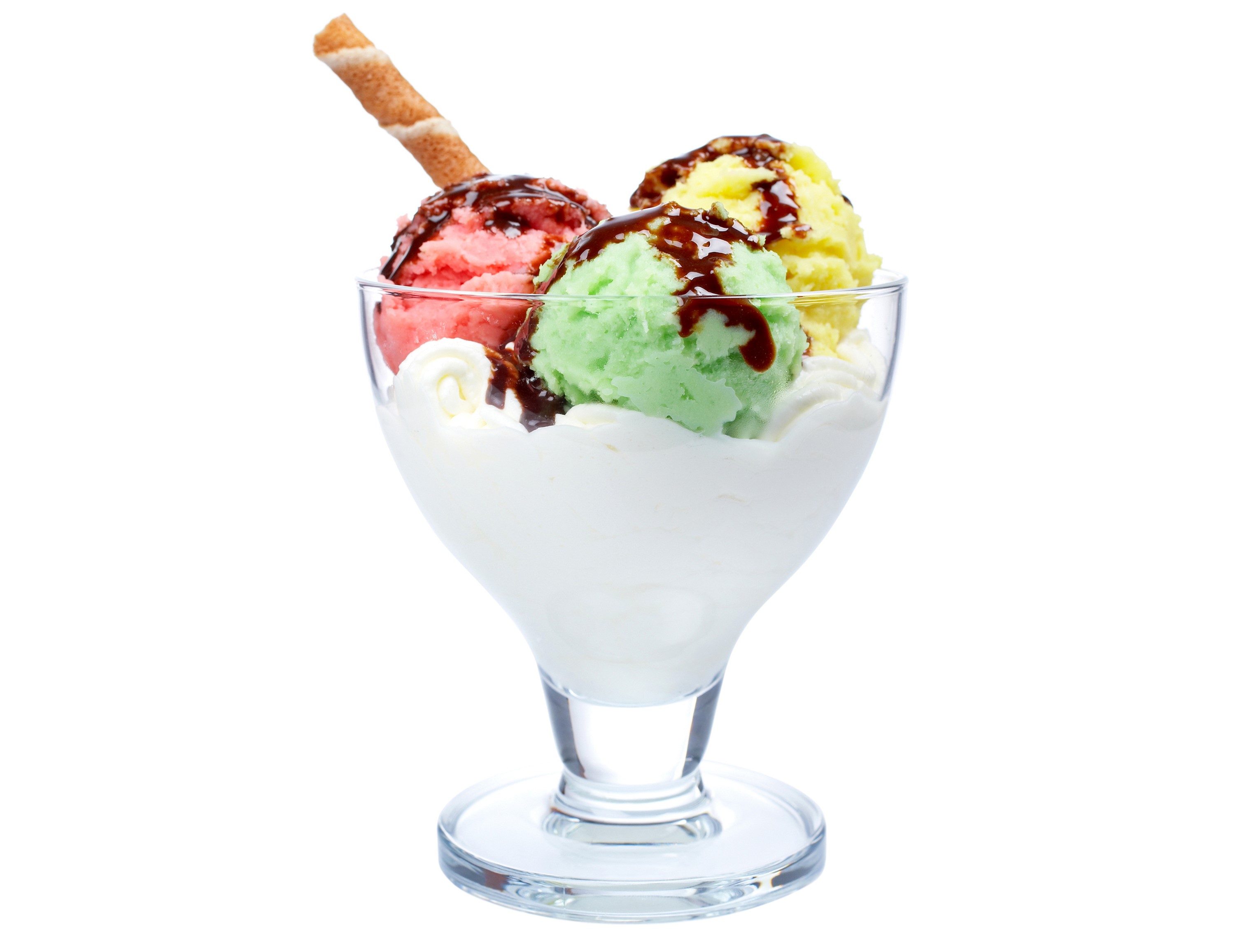 Ice cream sundae with chocolate syrup and wafer stick HD Wallpaper