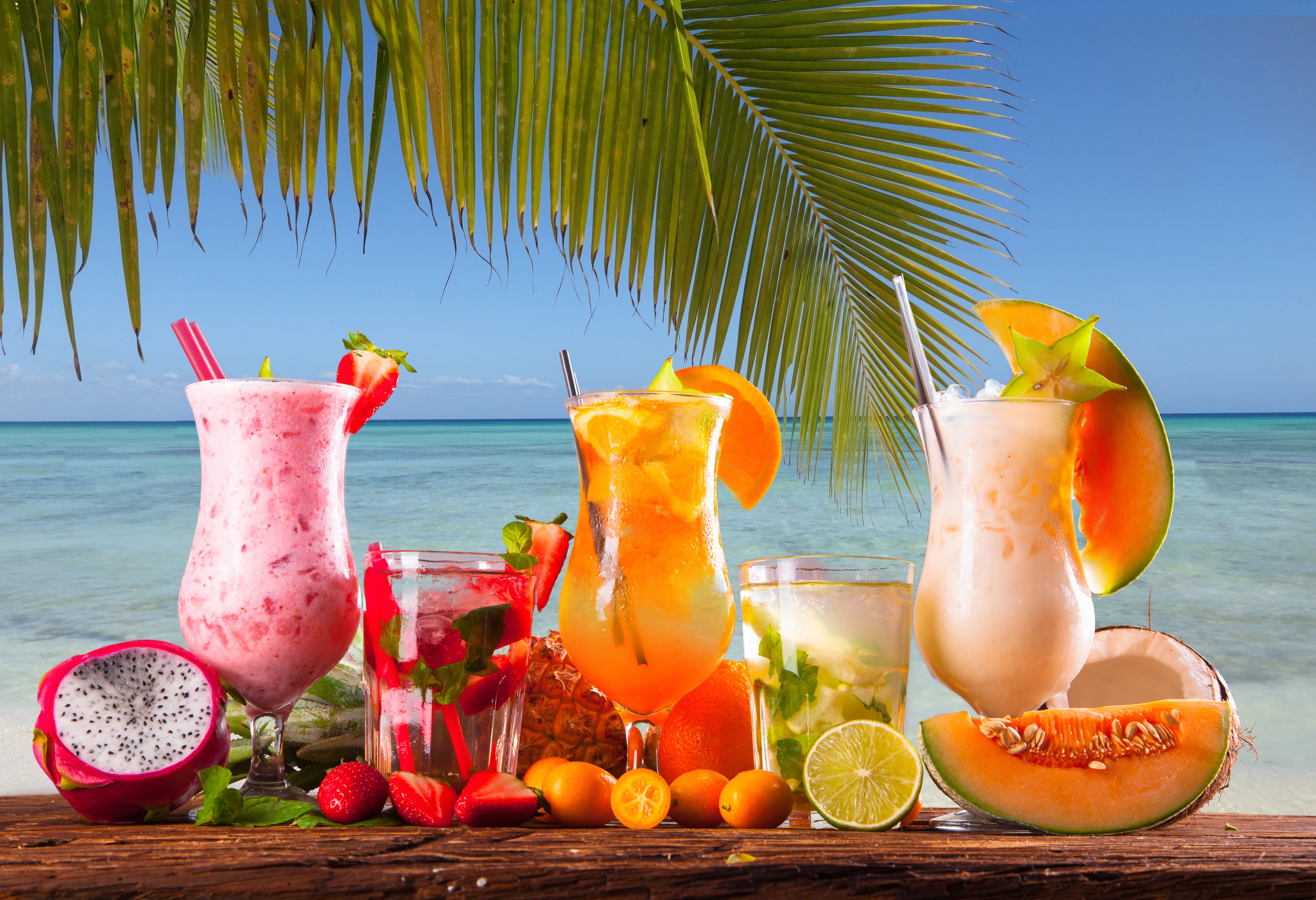 Tropical Cocktails and Fruits on a Beach HD Wallpaper