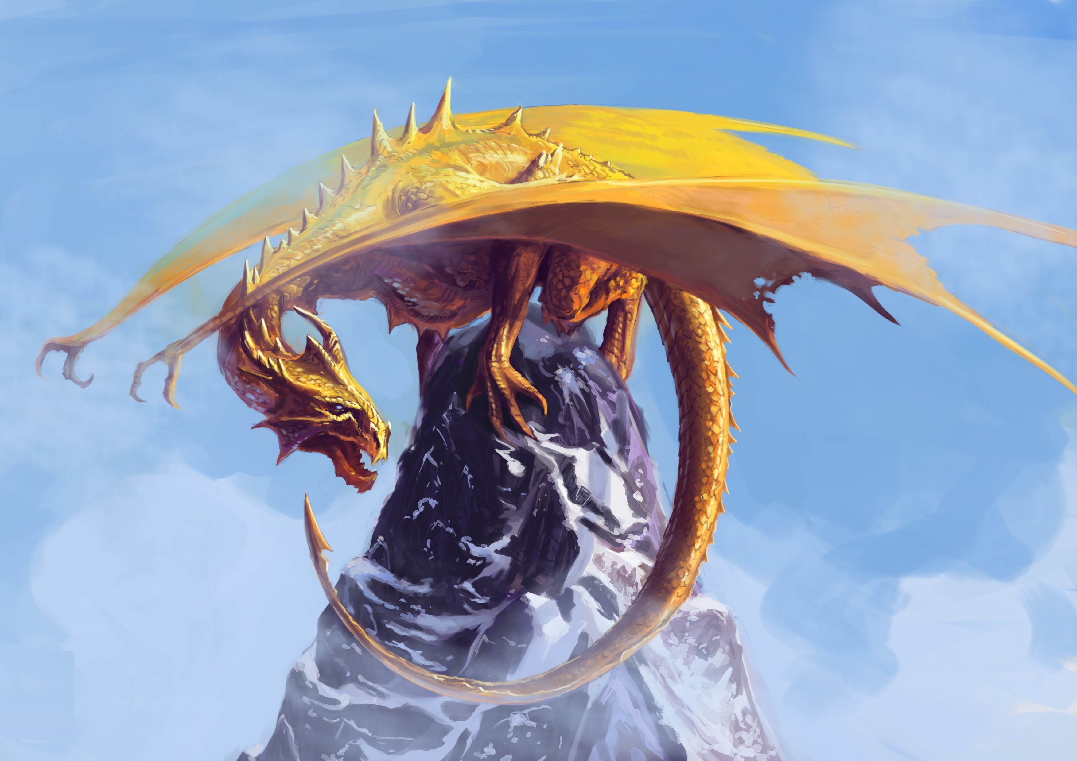Golden dragon perched on a snowy mountain peak HD Wallpaper
