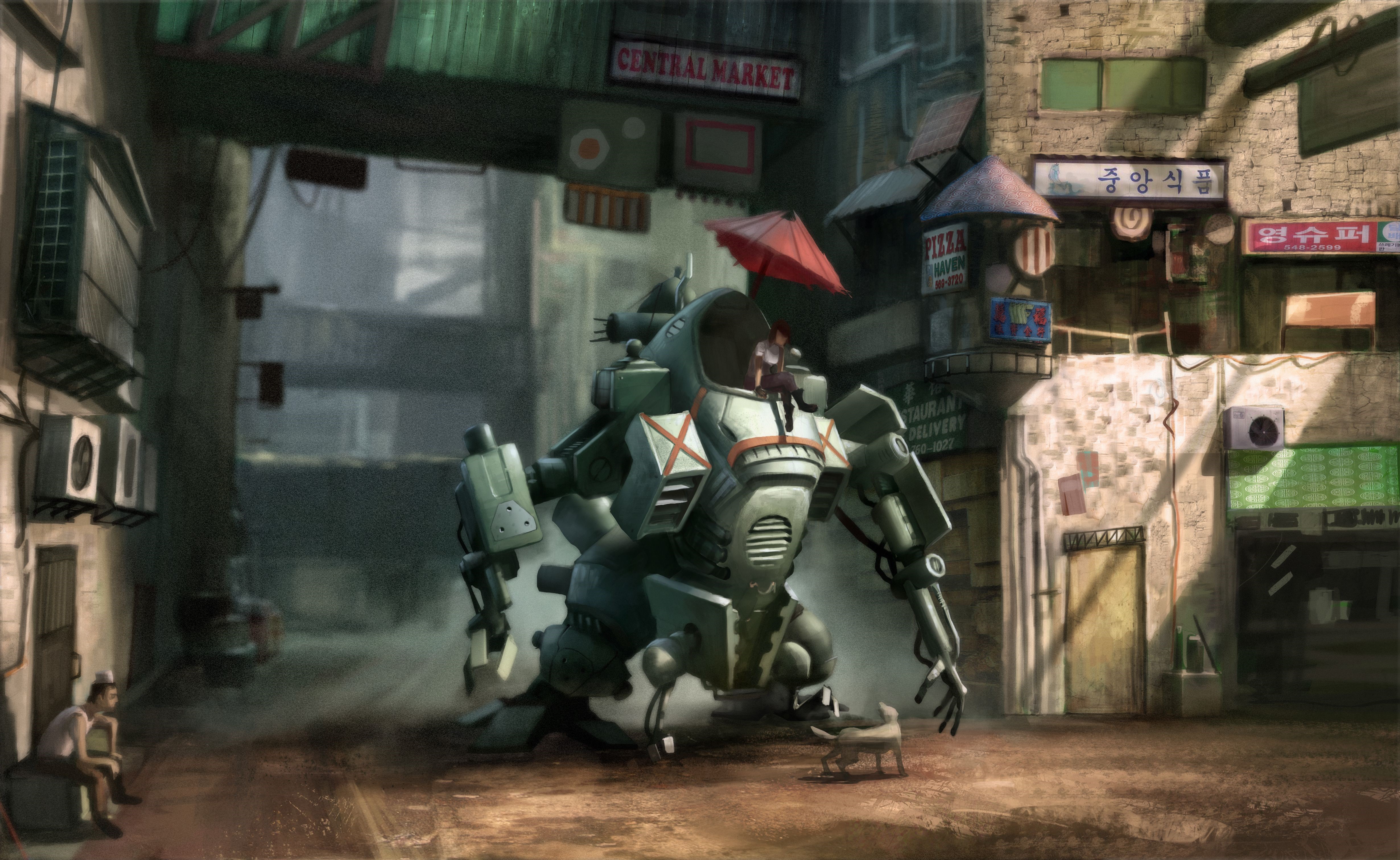Mech with pilot and dog in a market HD Wallpaper