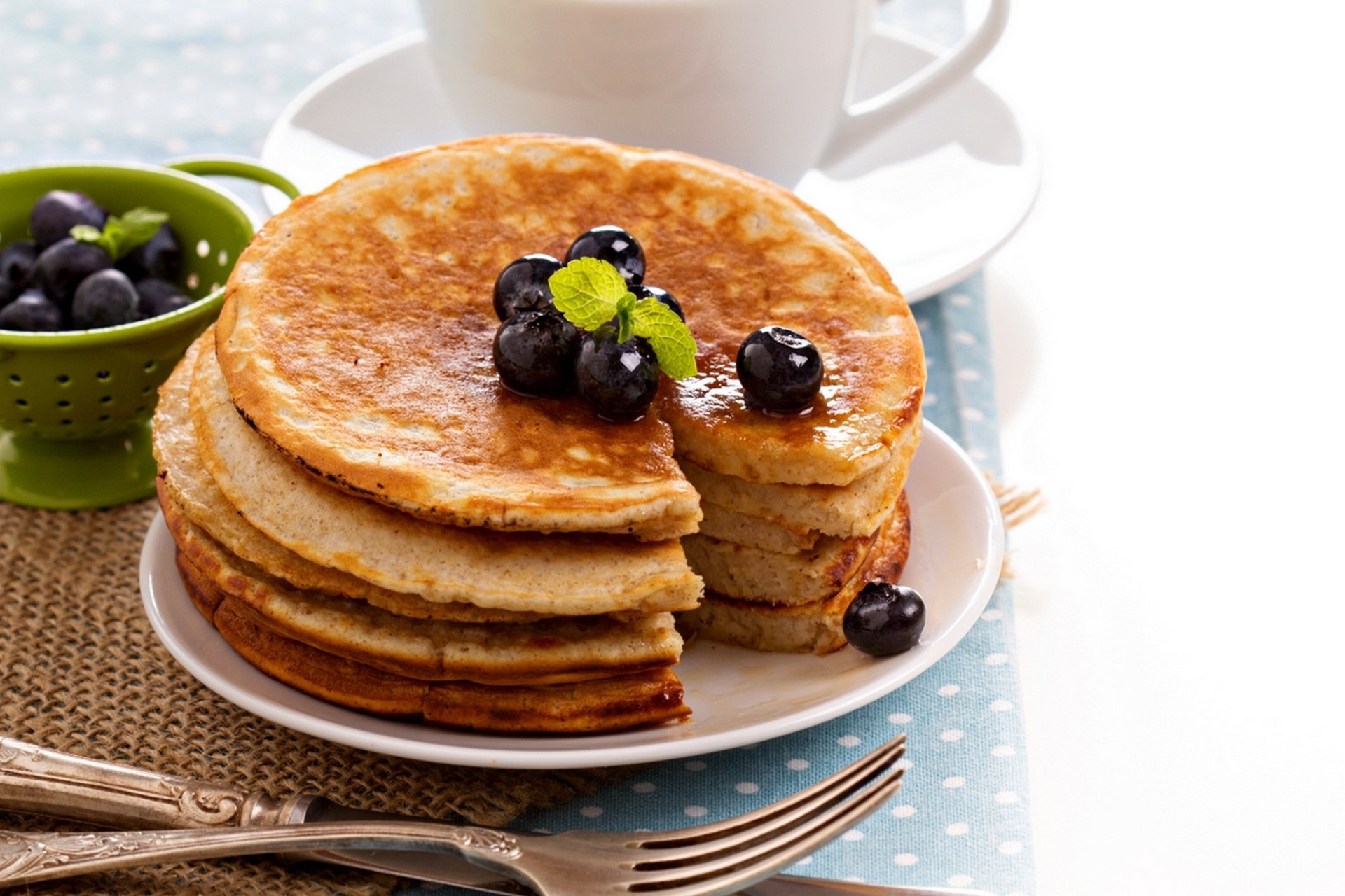 Stack of Pancakes with Blueberries and Coffee HD Wallpaper