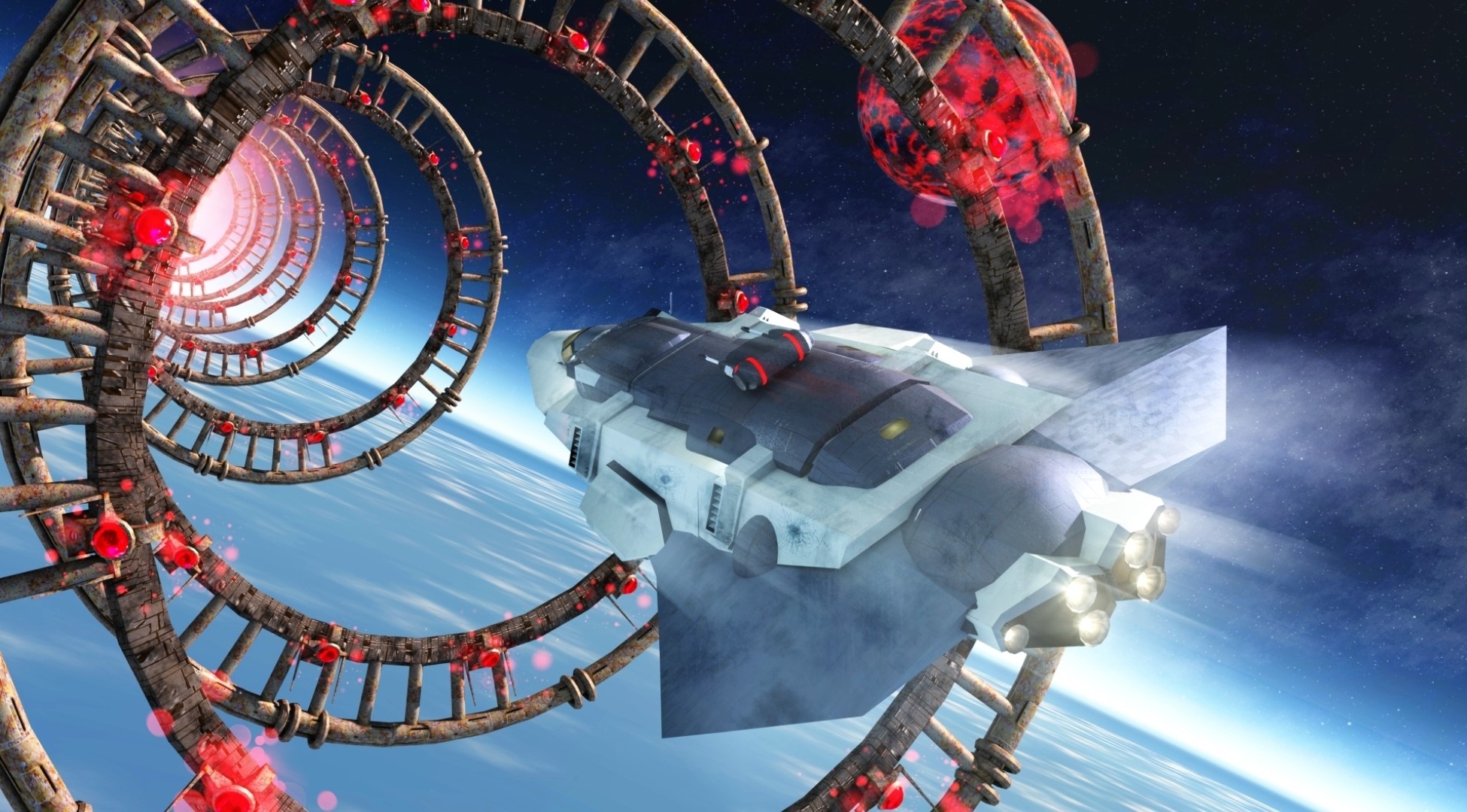 Spaceship near a futuristic orbital structure HD Wallpaper