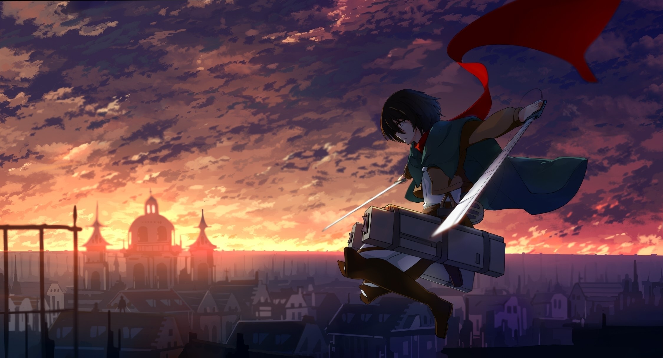 Mikasa Ackerman from Attack on Titan in a city at sunset HD Wallpaper