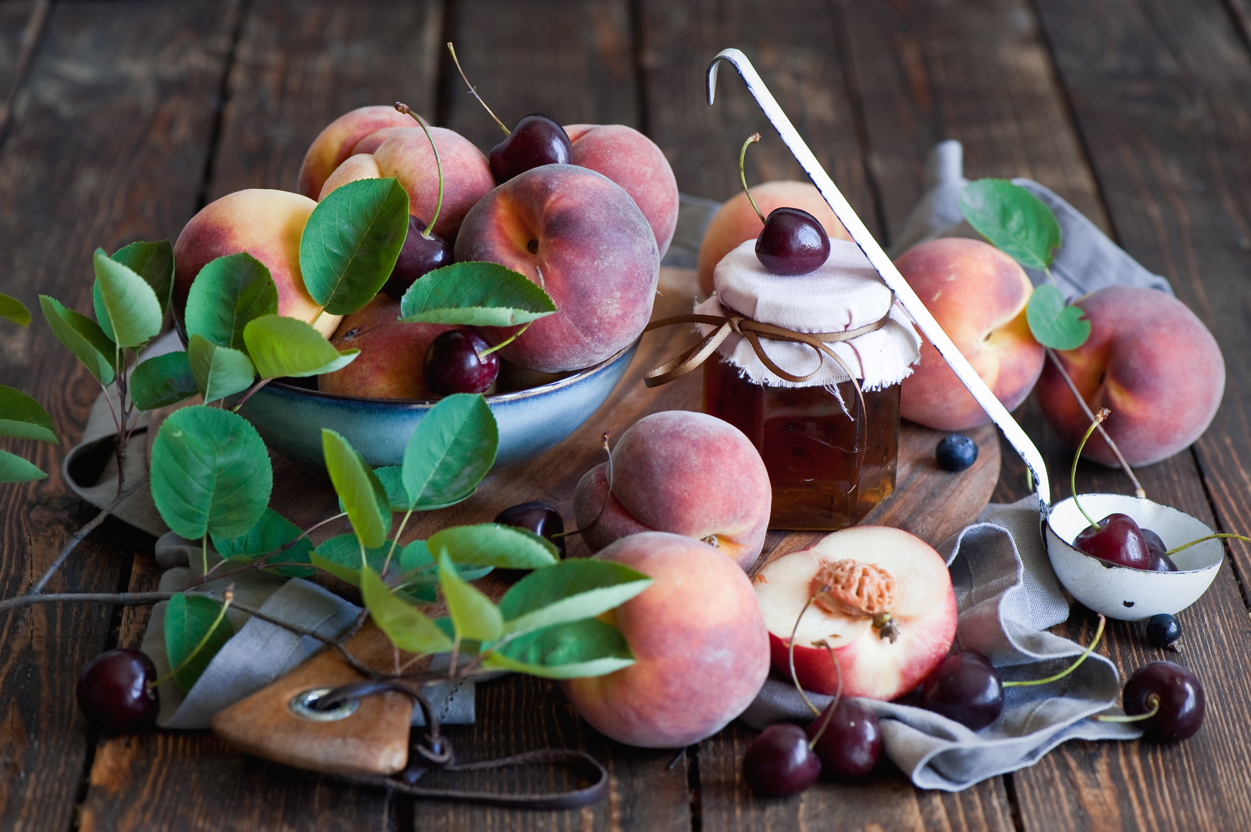 Peaches and Cherries with a Jar of Jam HD Wallpaper