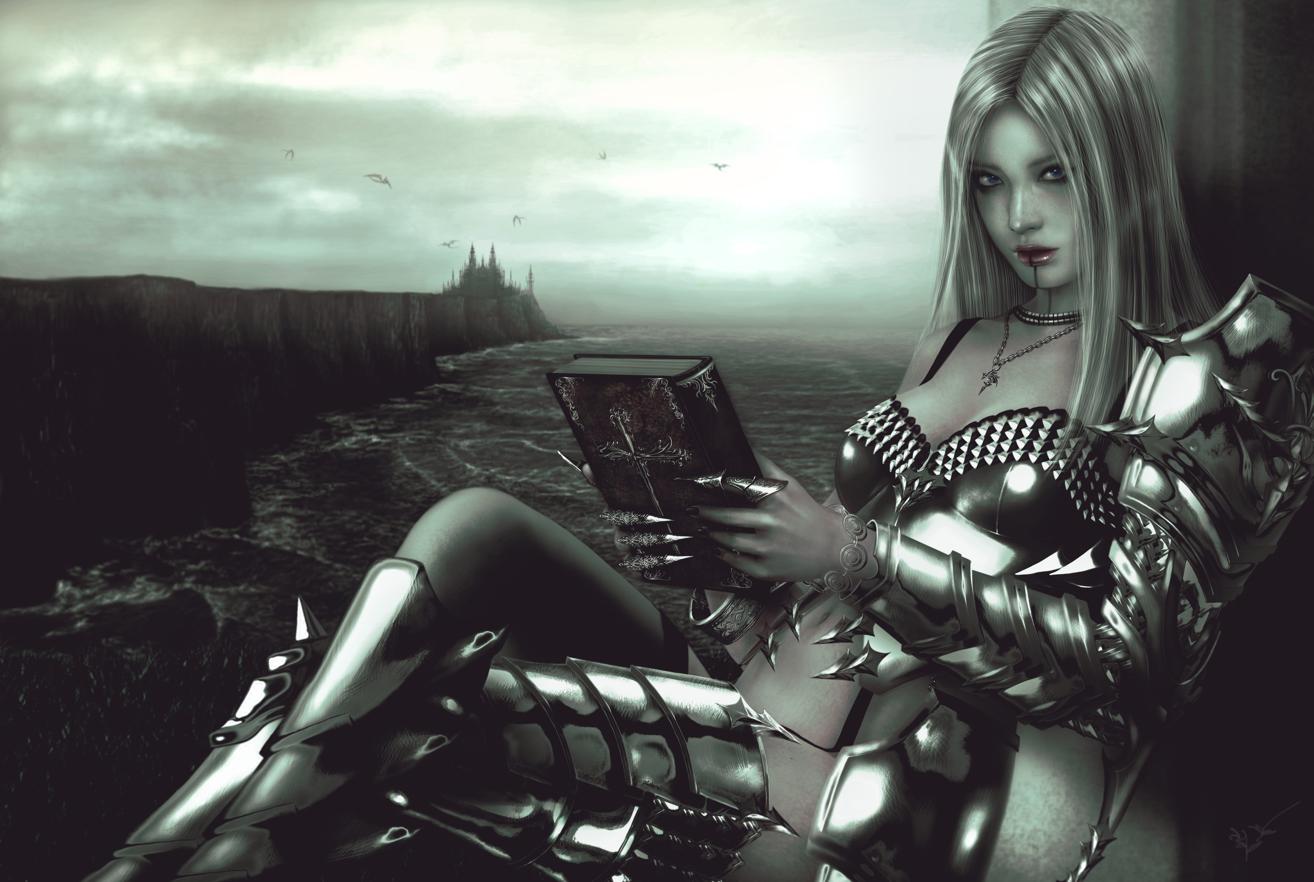 Gothic Fantasy Warrior Woman Reading Book HD Wallpaper