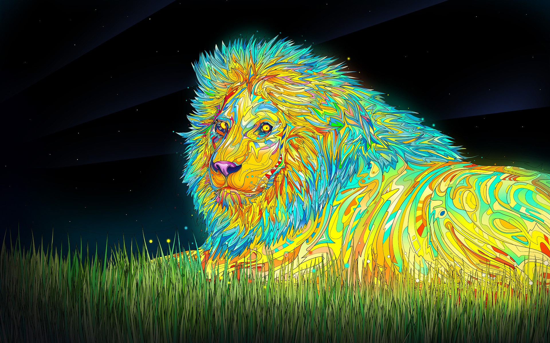 Psychedelic Lion in Grass HD Wallpaper