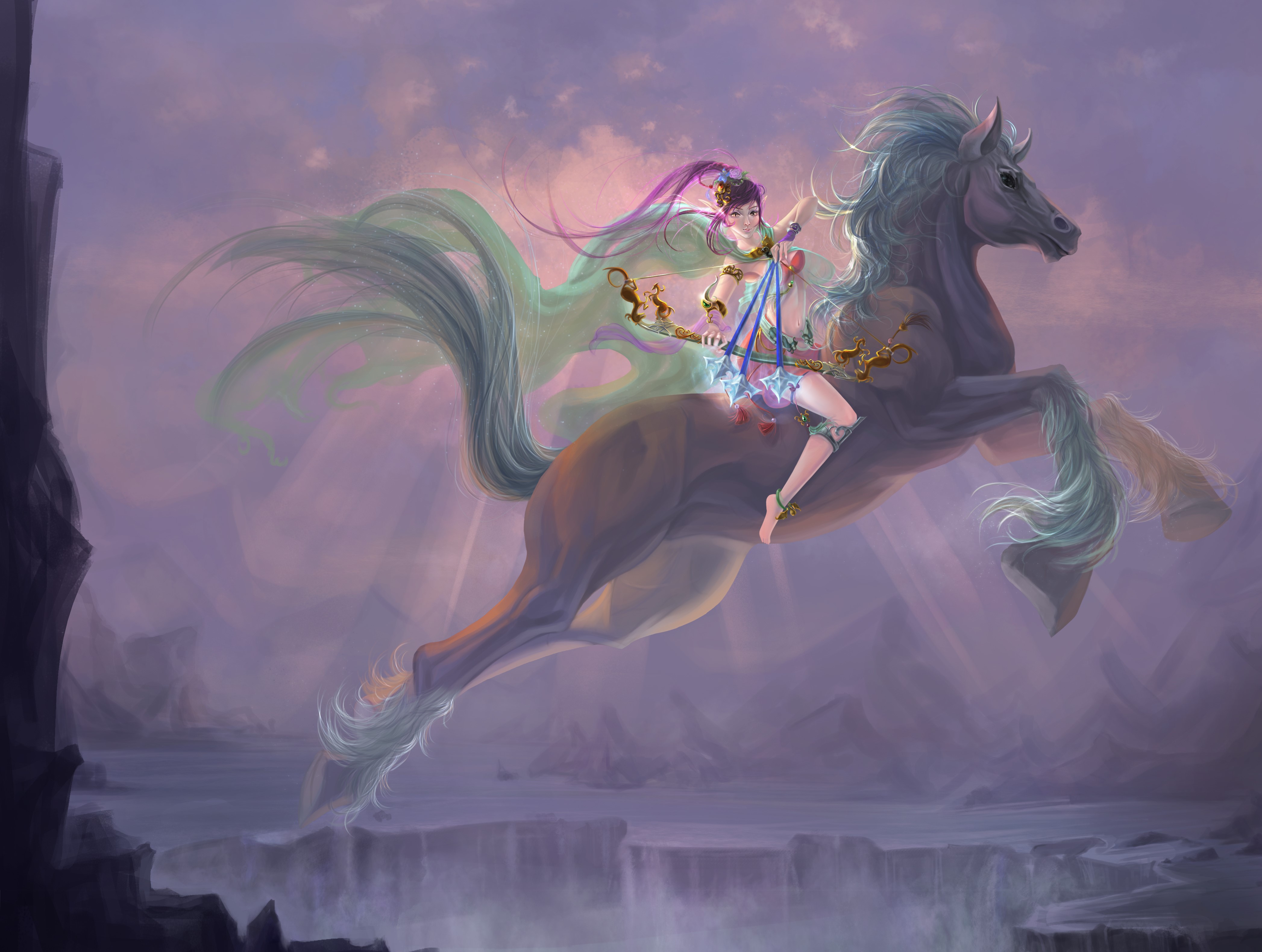 Girl Archer Riding Horse in Sky HD Wallpaper