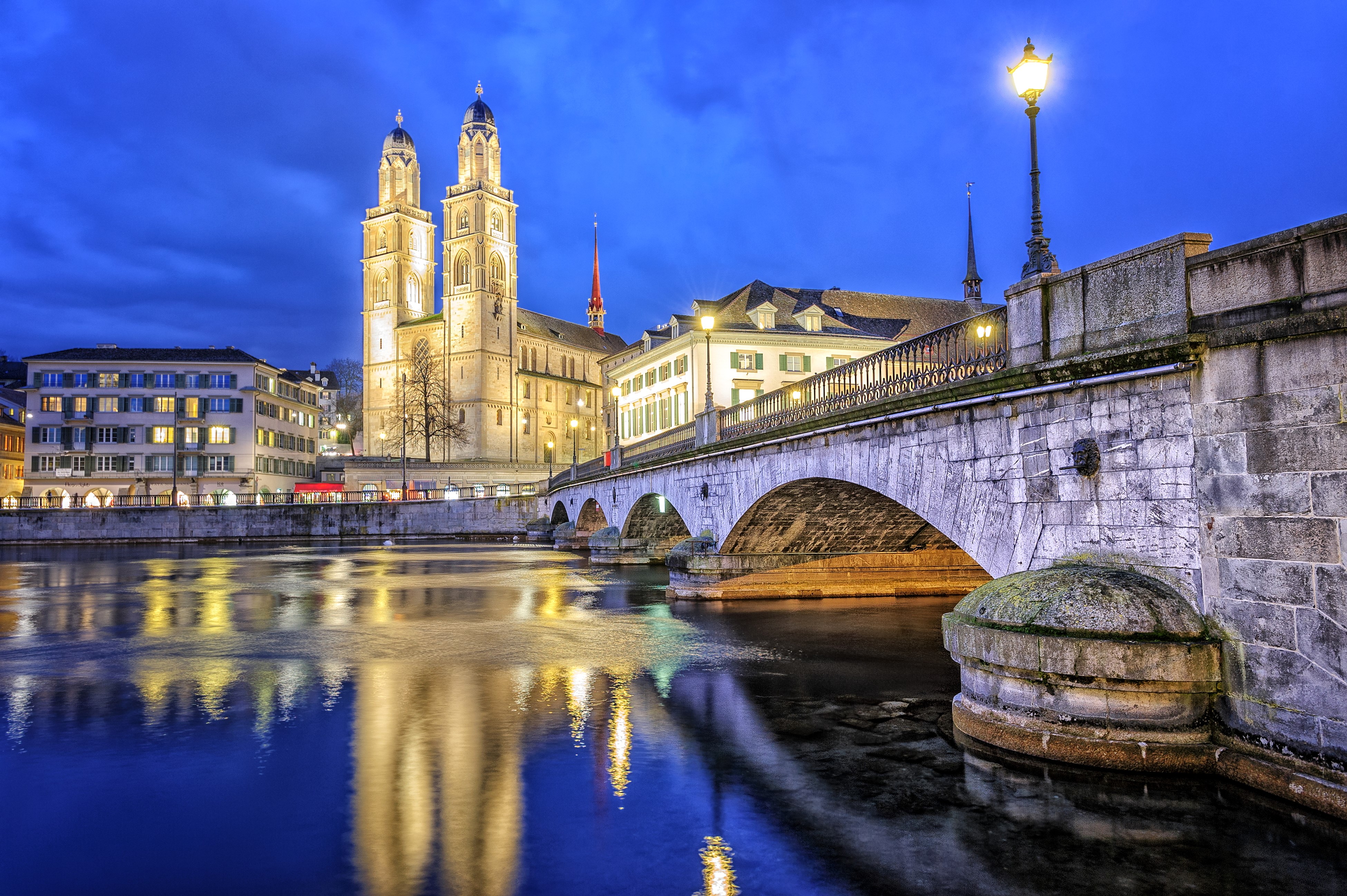 Zurich Switzerland at Night with River and Bridge HD Wallpaper
