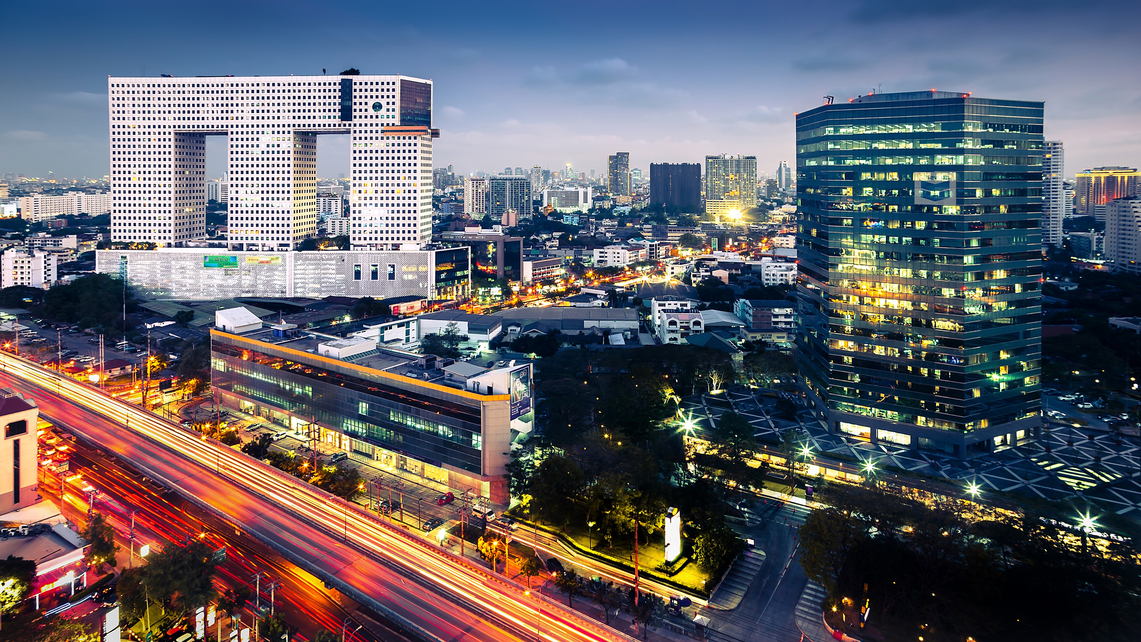 Bangkok cityscape with Elephant Building and skyscrapers at night HD Wallpaper
