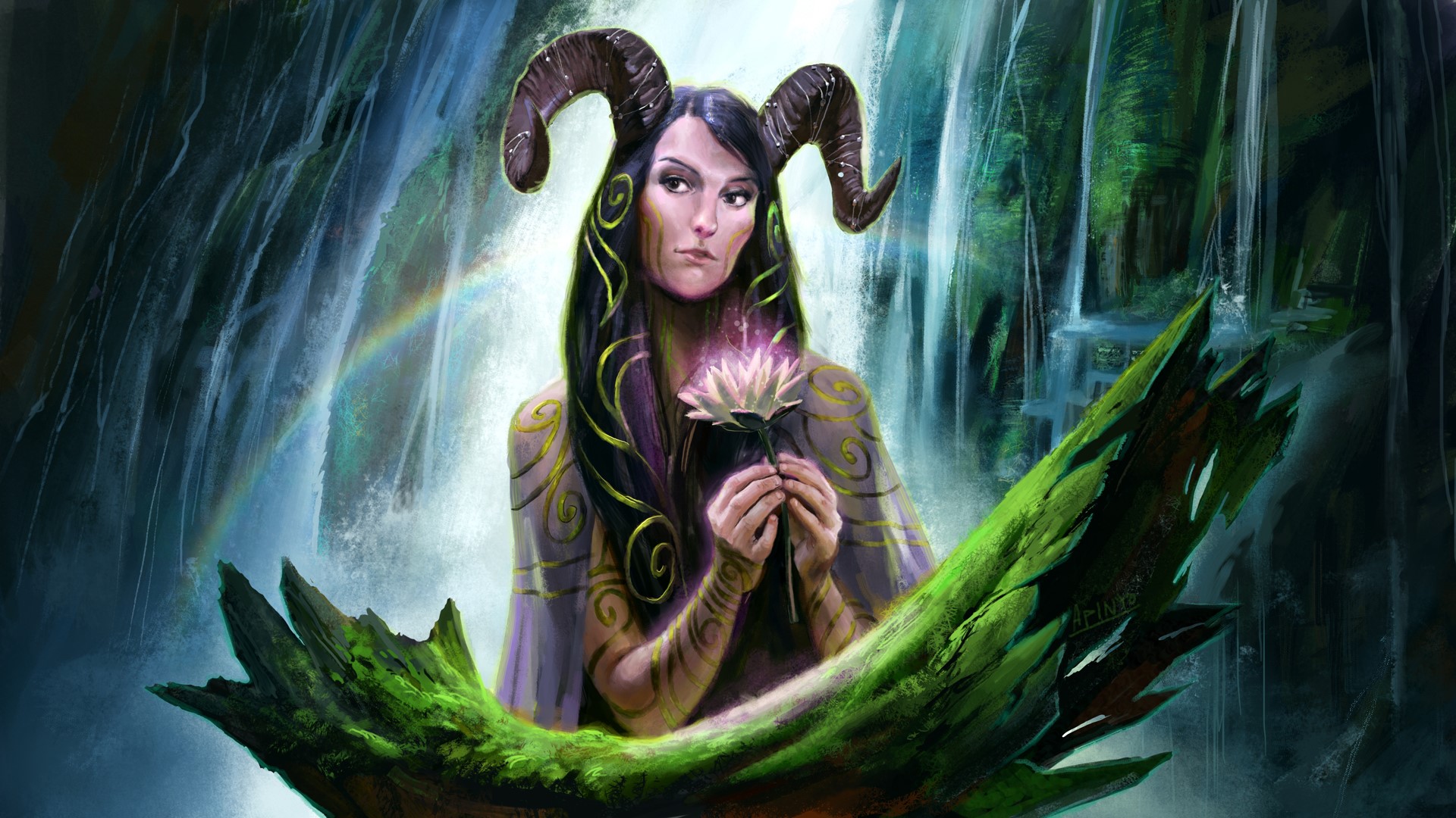 Woman with horns holding a glowing lotus flower near a waterfall HD Wallpaper