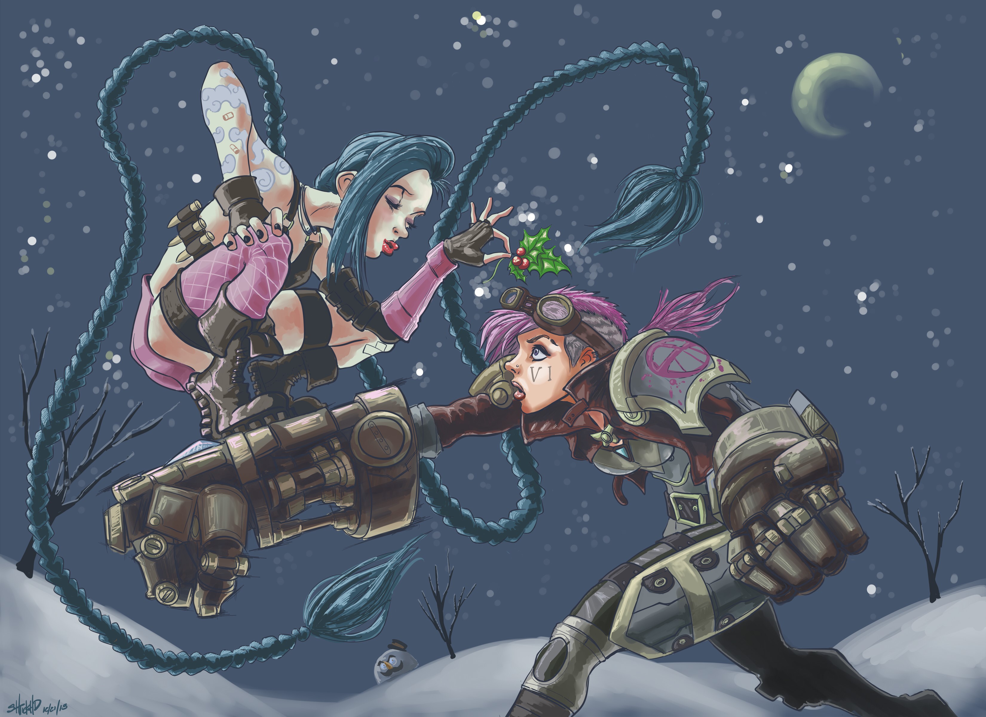 Jinx and Vi from League of Legends under mistletoe HD Wallpaper