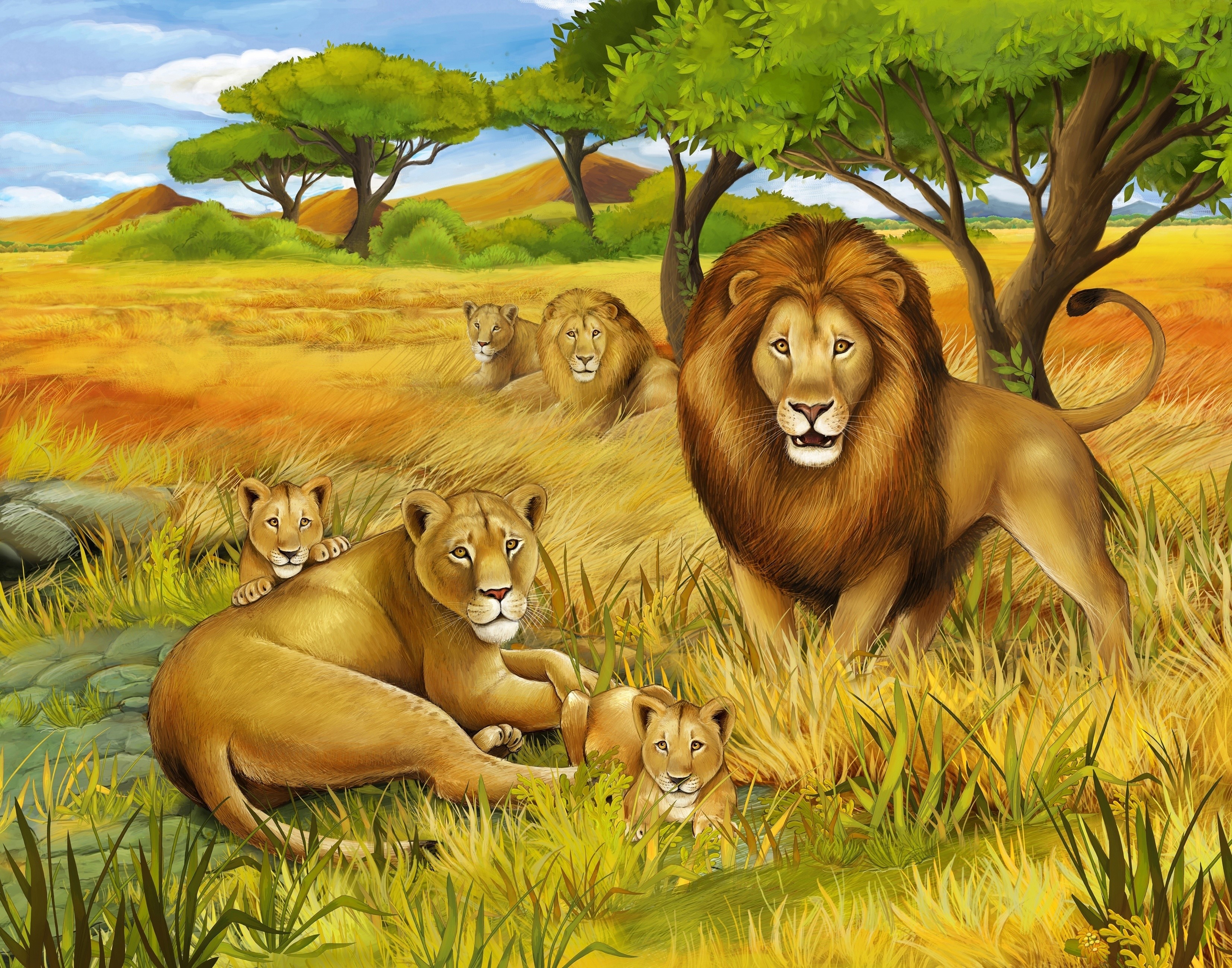 Lion family in the African savanna HD Wallpaper