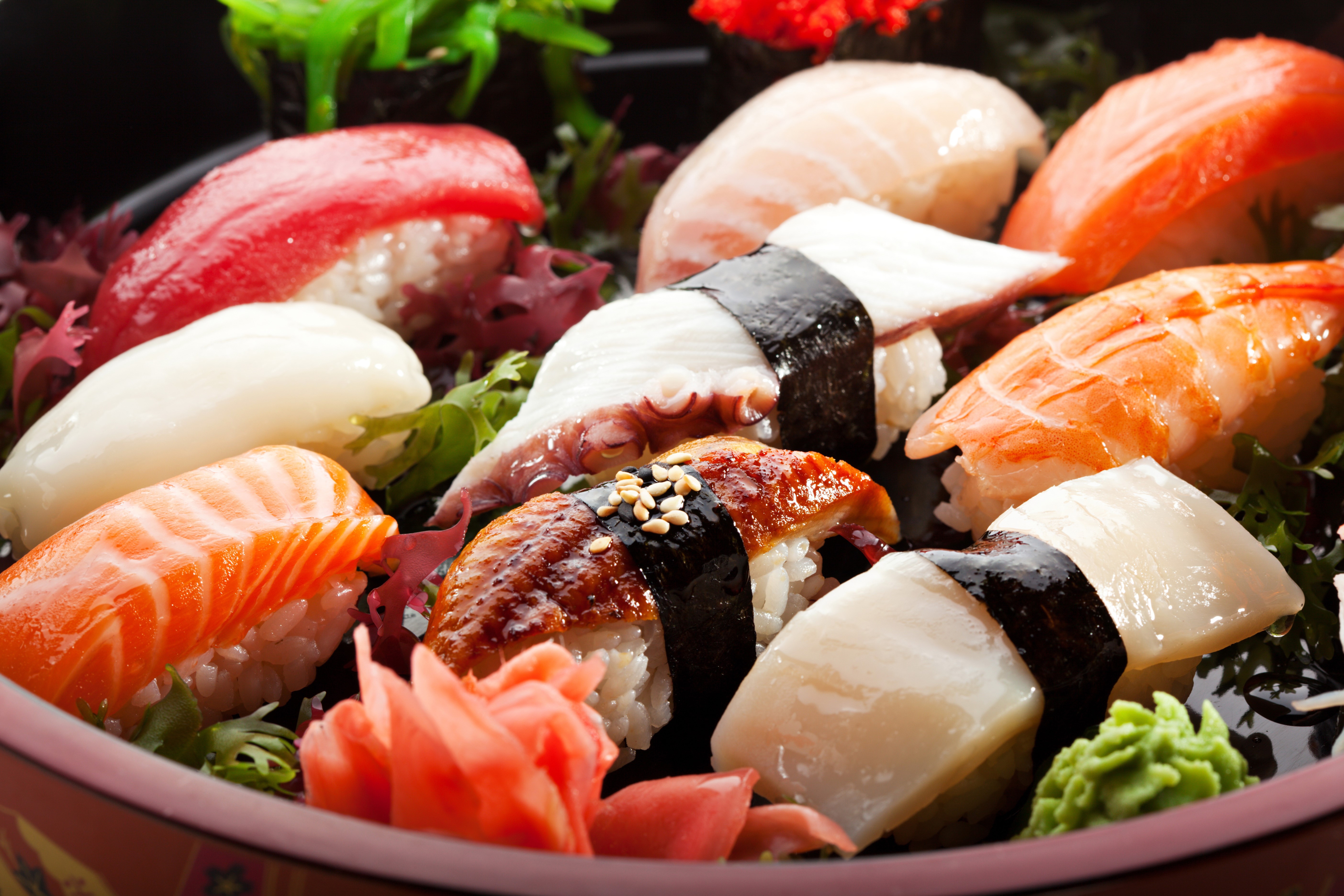 Assortment of fresh sushi and seafood HD Wallpaper