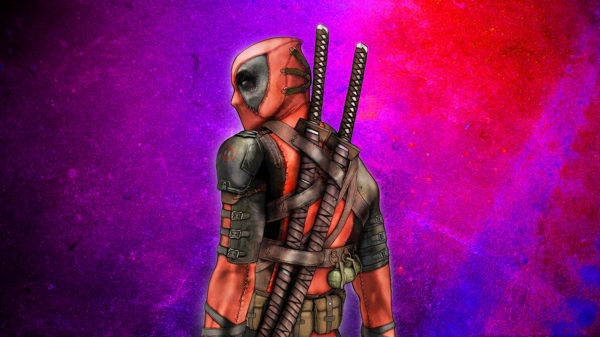 Deadpool with Katanas on Purple and Red Background HD Wallpaper
