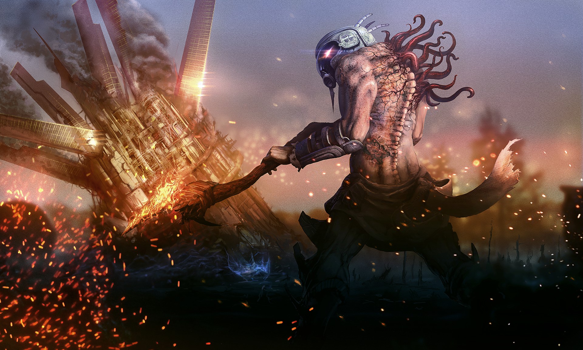 Mutant warrior with helmet and weapon near destroyed structure HD Wallpaper
