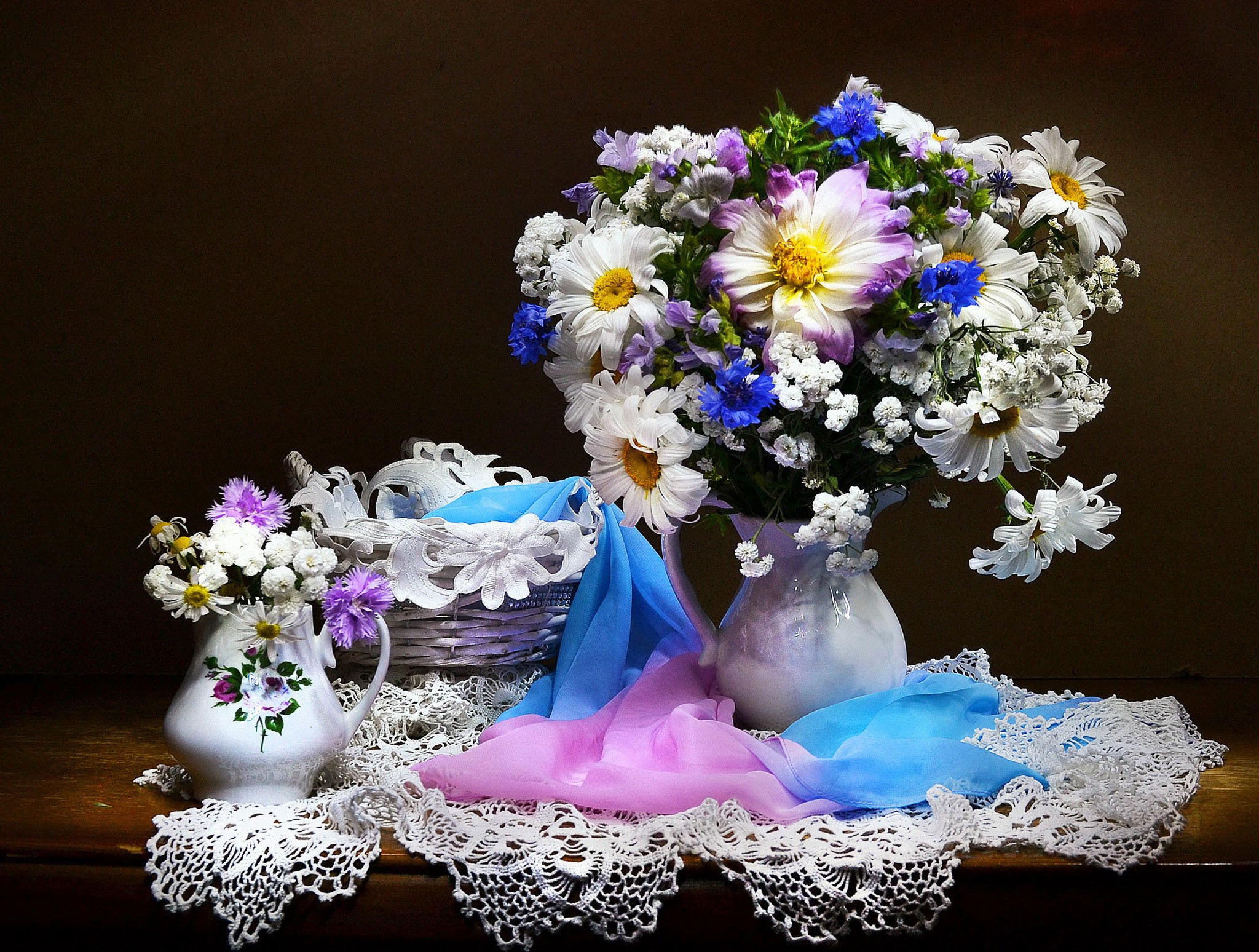 Still-life with camomiles, cornflowers, and a vase HD Wallpaper