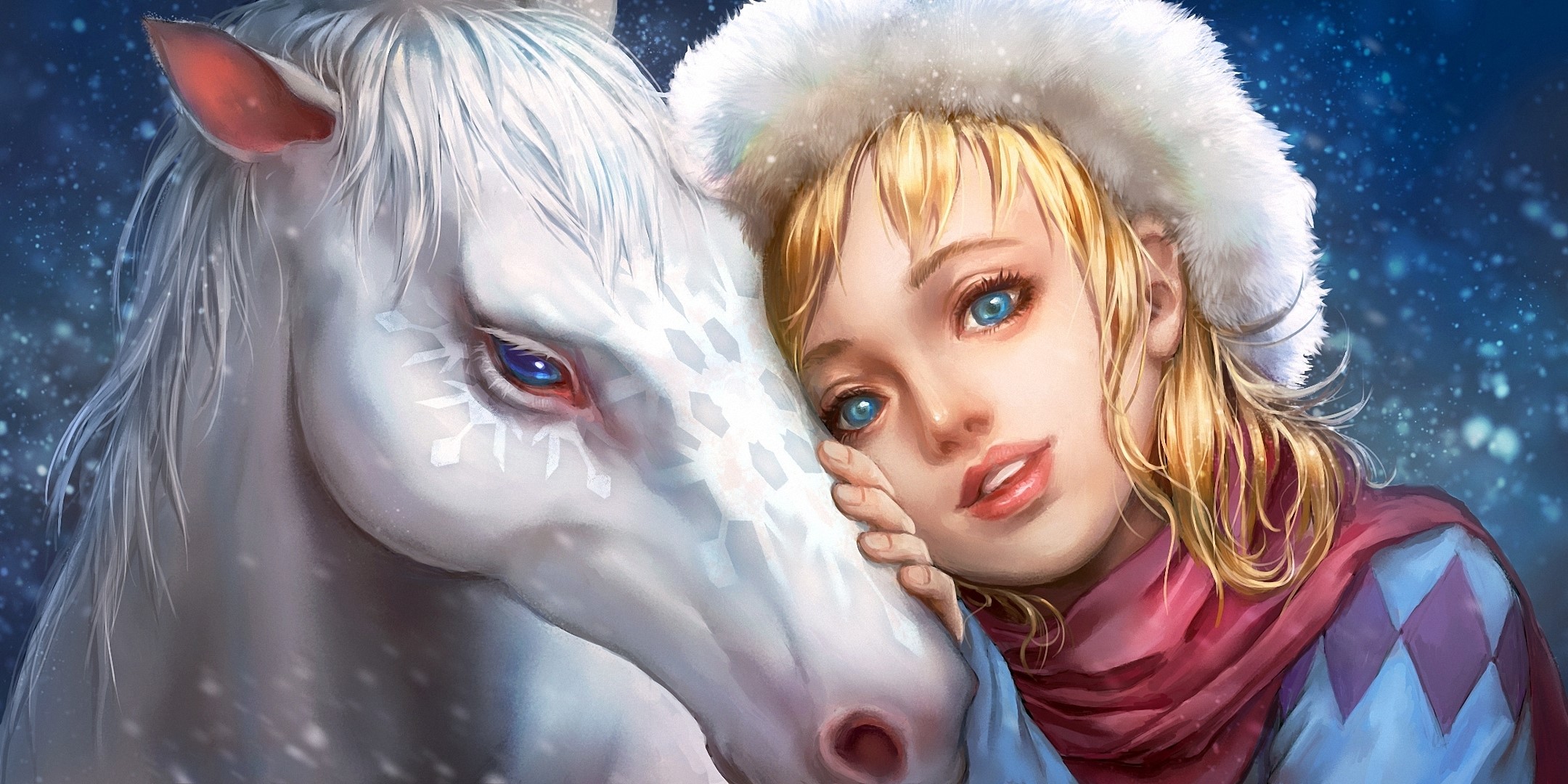 Girl with a magical white horse in winter HD Wallpaper