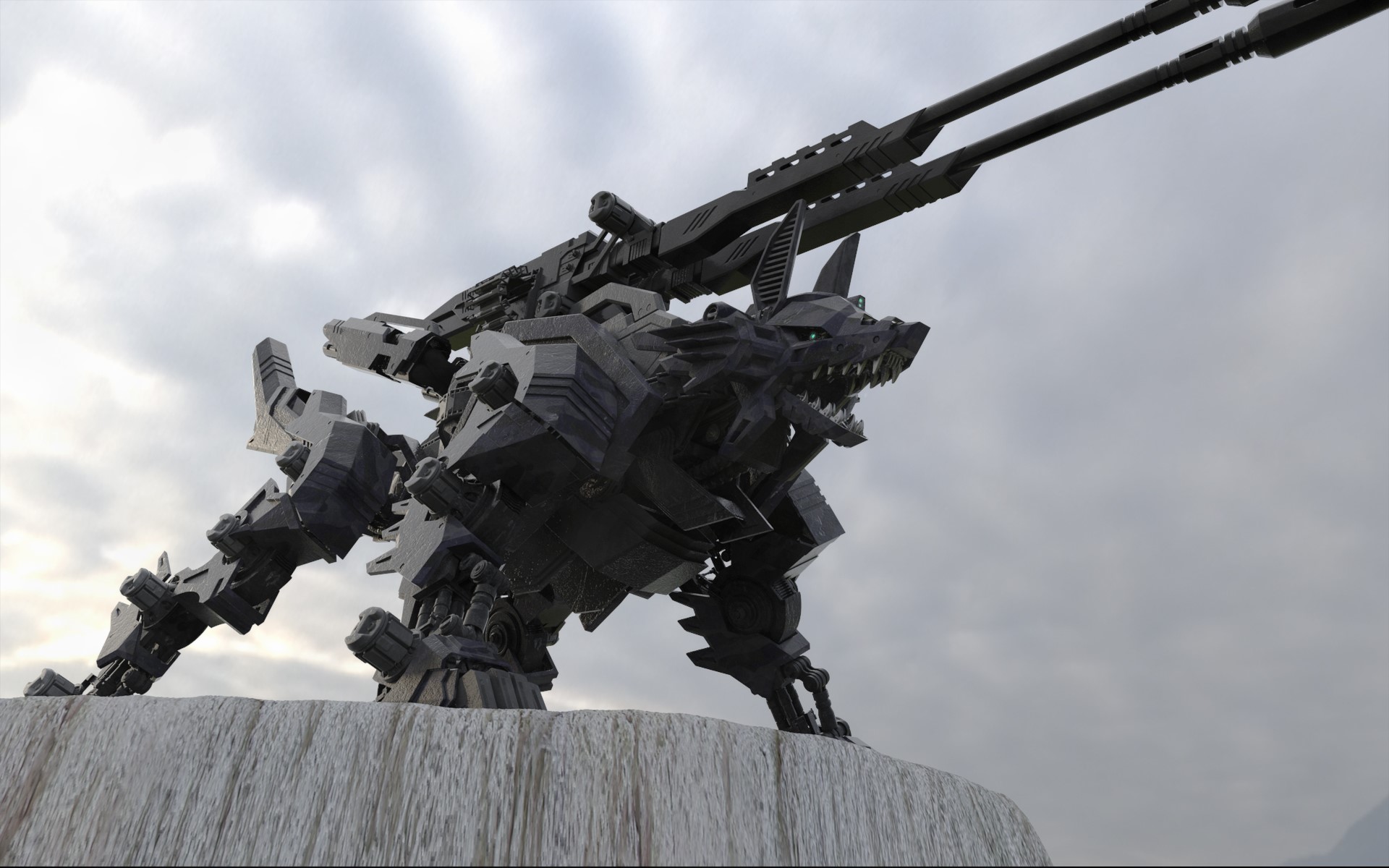 Mechanical wolf with cannons on a cliff HD Wallpaper