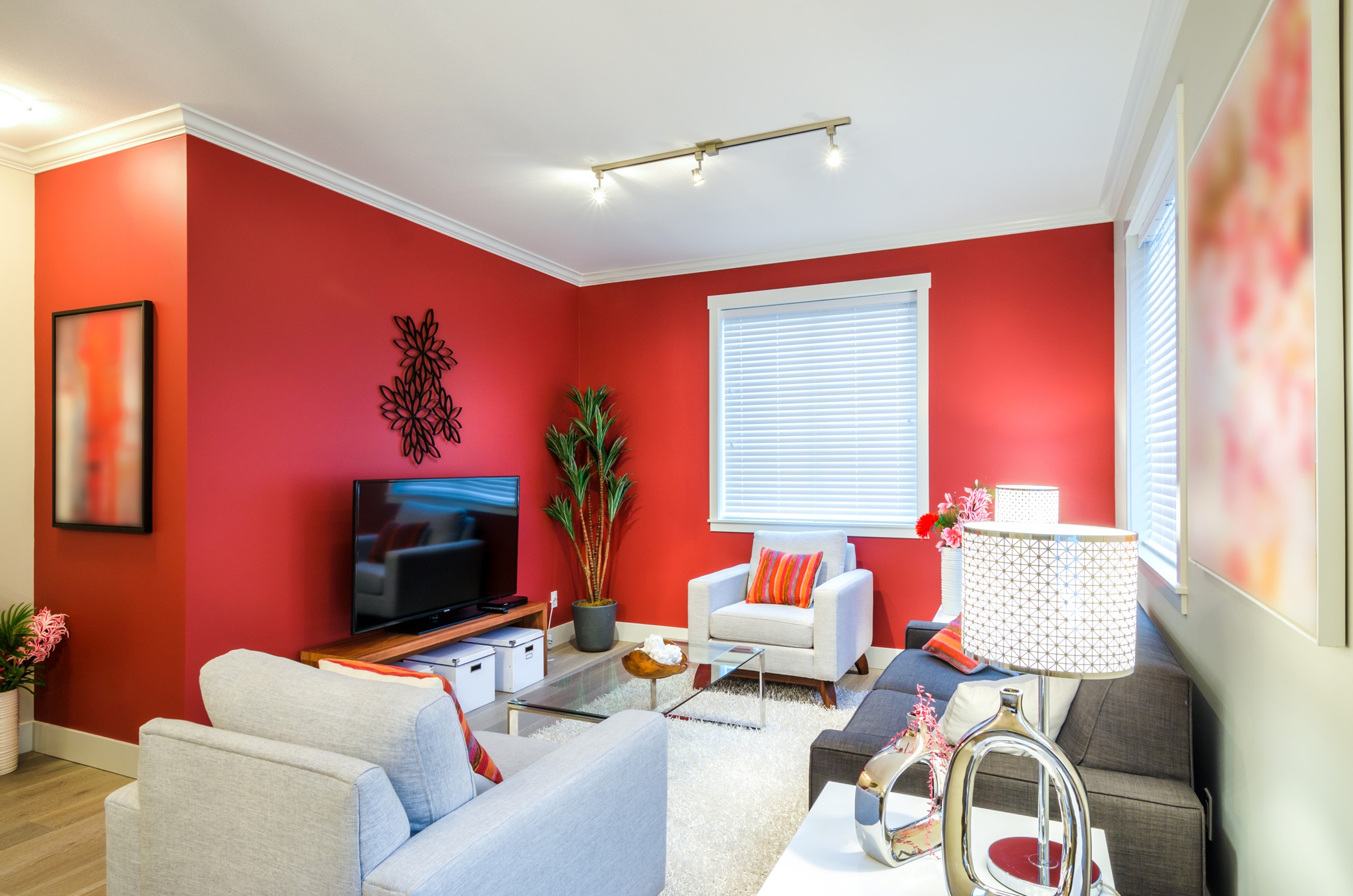 Modern living room with red walls and furniture HD Wallpaper