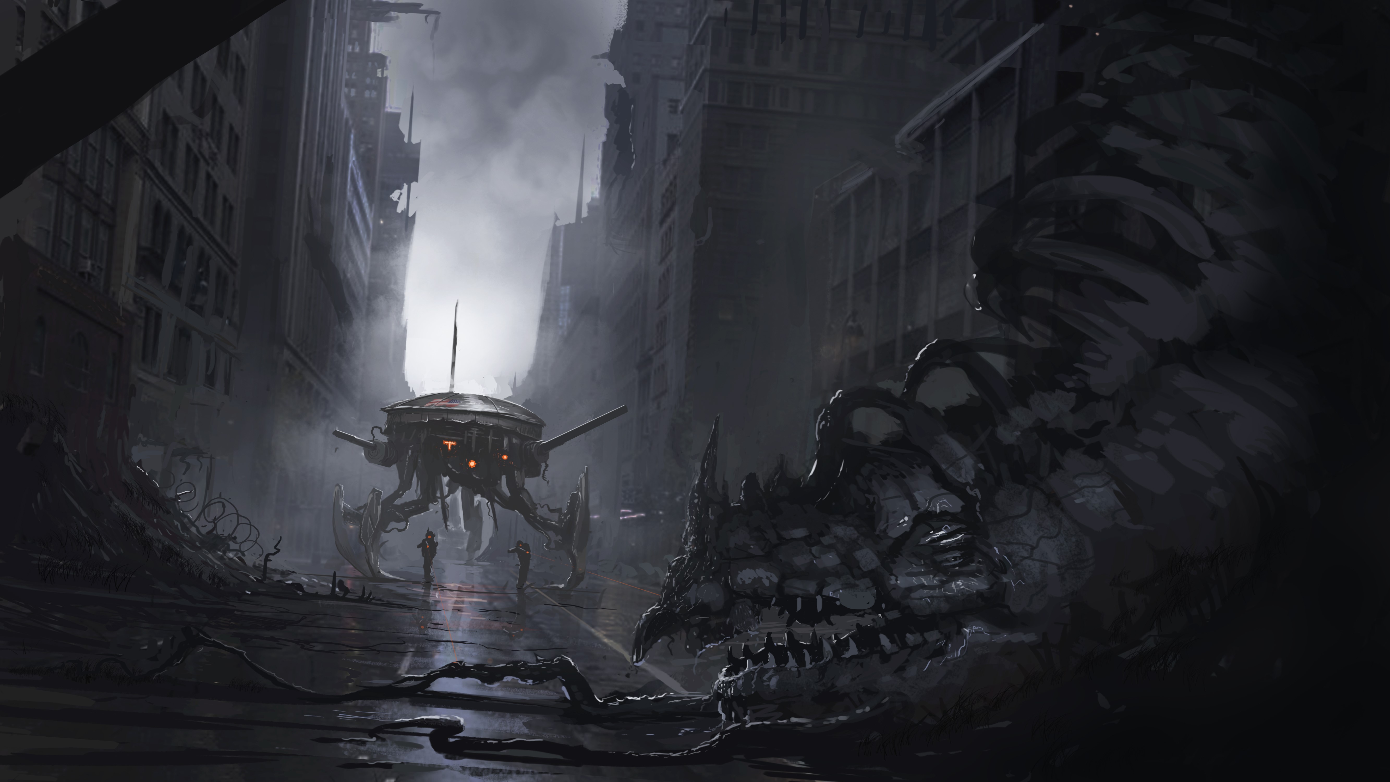 Post-apocalyptic city with monster and robot HD Wallpaper