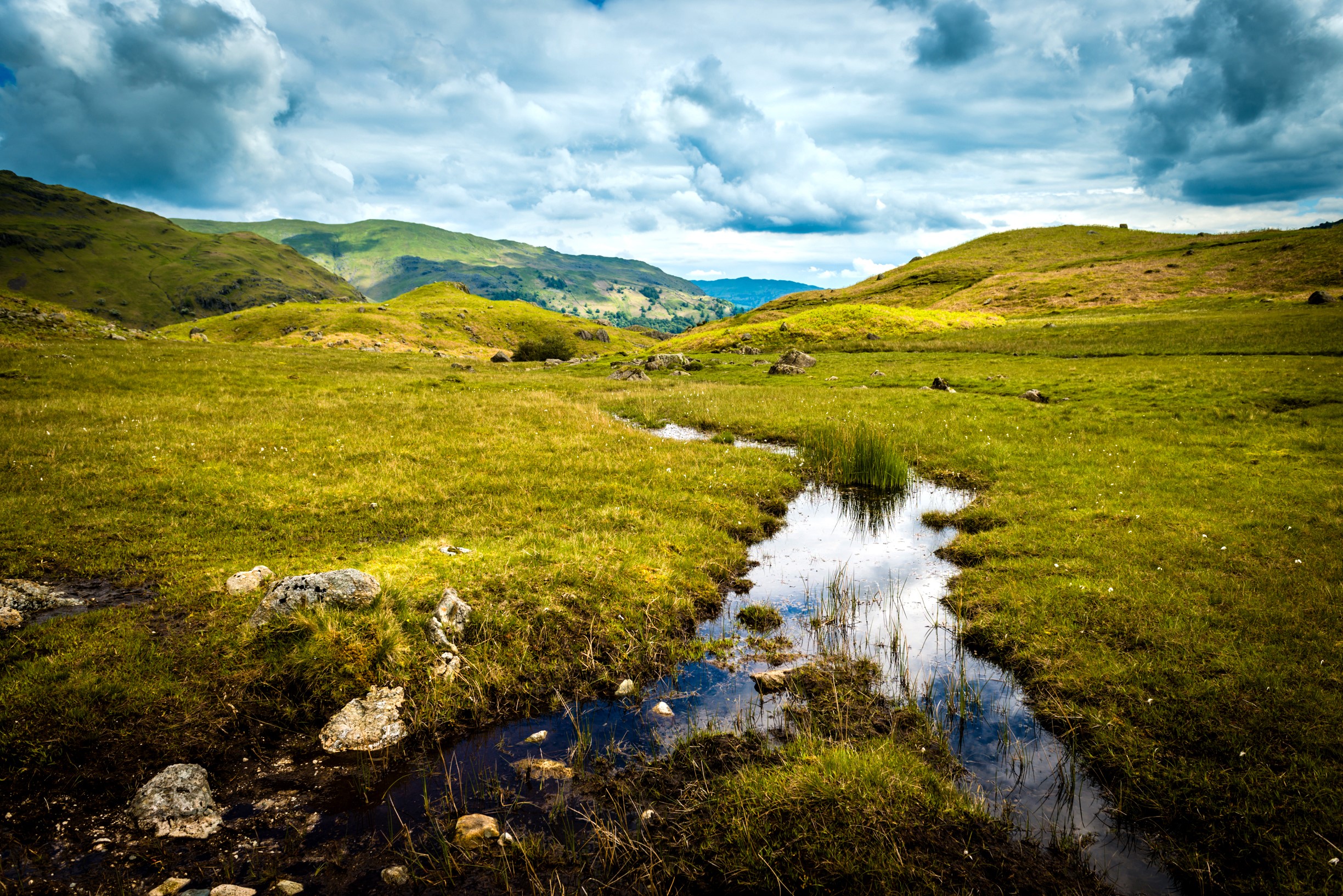 Grassy hills and a stream in Easedale, England HD Wallpaper