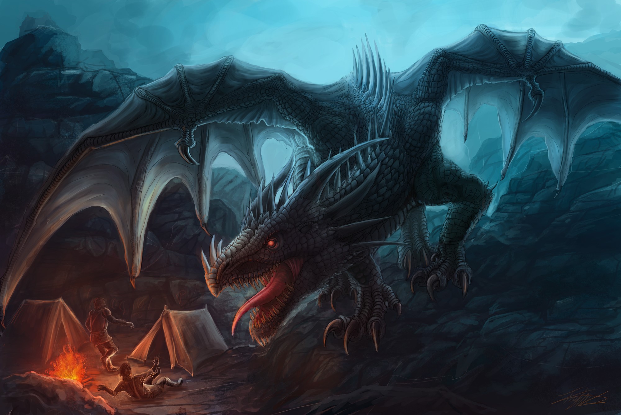 Dragon attacking campers in a cave HD Wallpaper